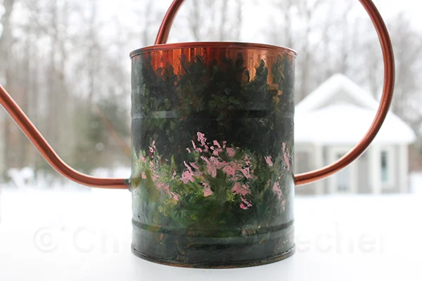 Watering Can Landscape Oil on brass (sold)