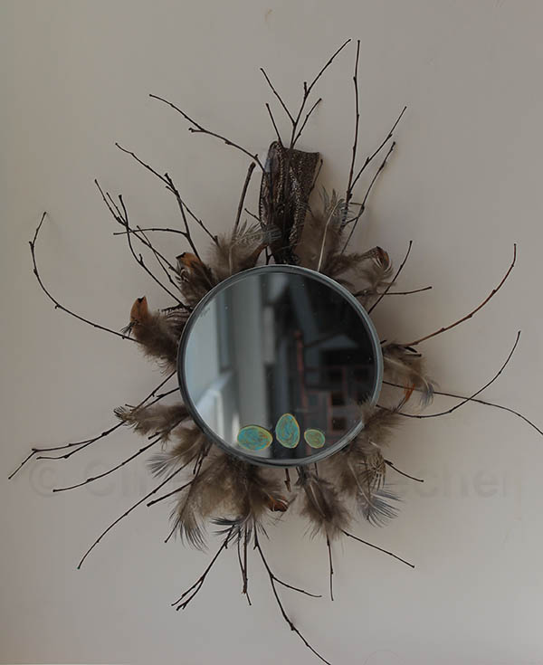 Robin Egg Mirror Acrylic on mirror, feathers, tree branches, ribbon