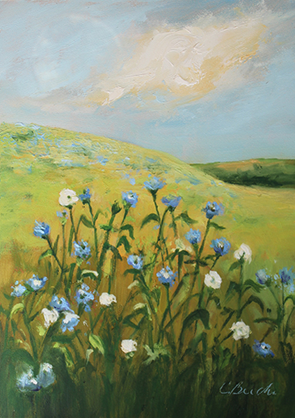 Field of Bachelor Buttons Oil on panel 7" X 5"
