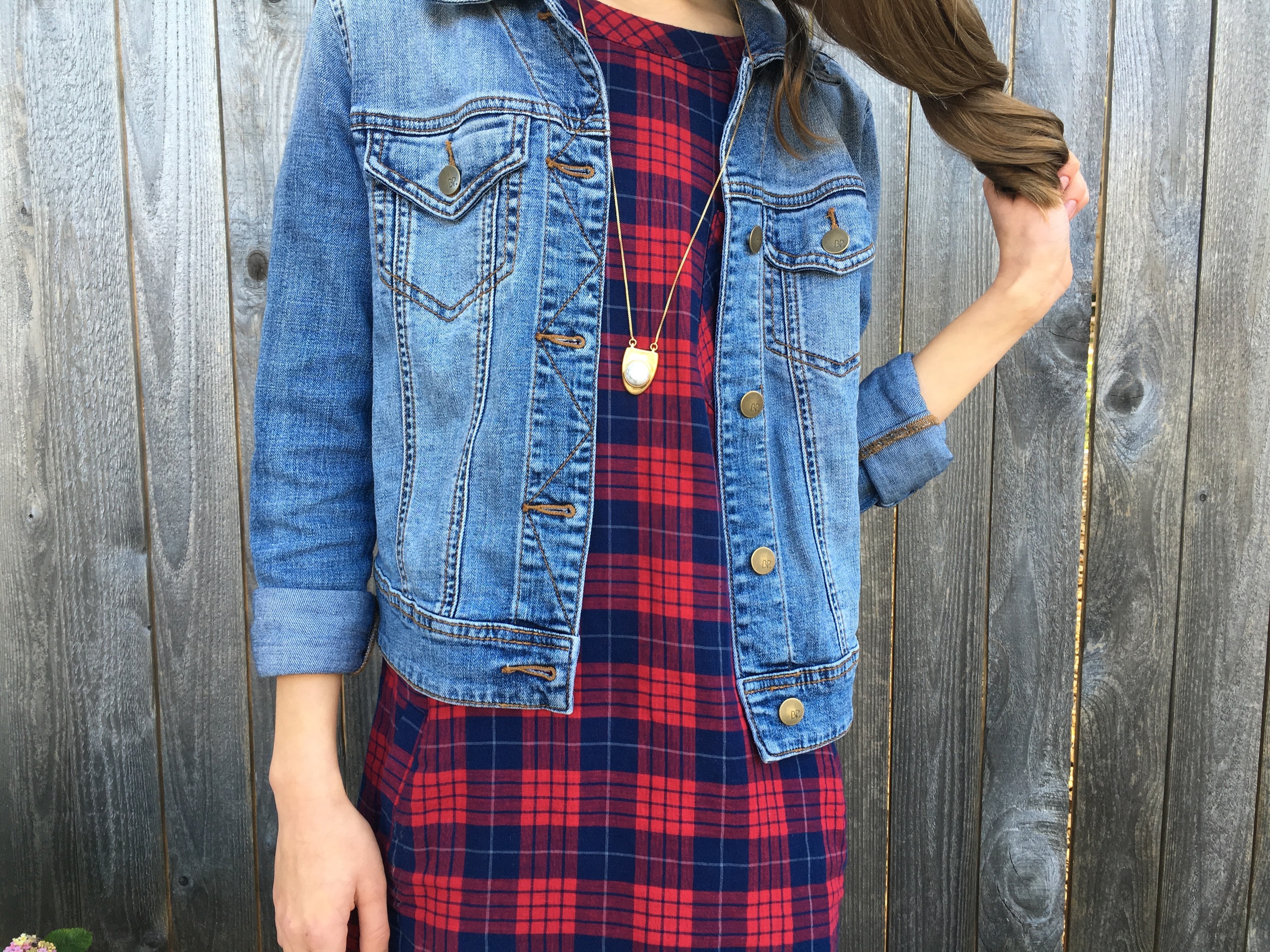 Dress: Madewell, Denim Jacket: Brass Plum, Necklace: Madewell, Shoes: Converse