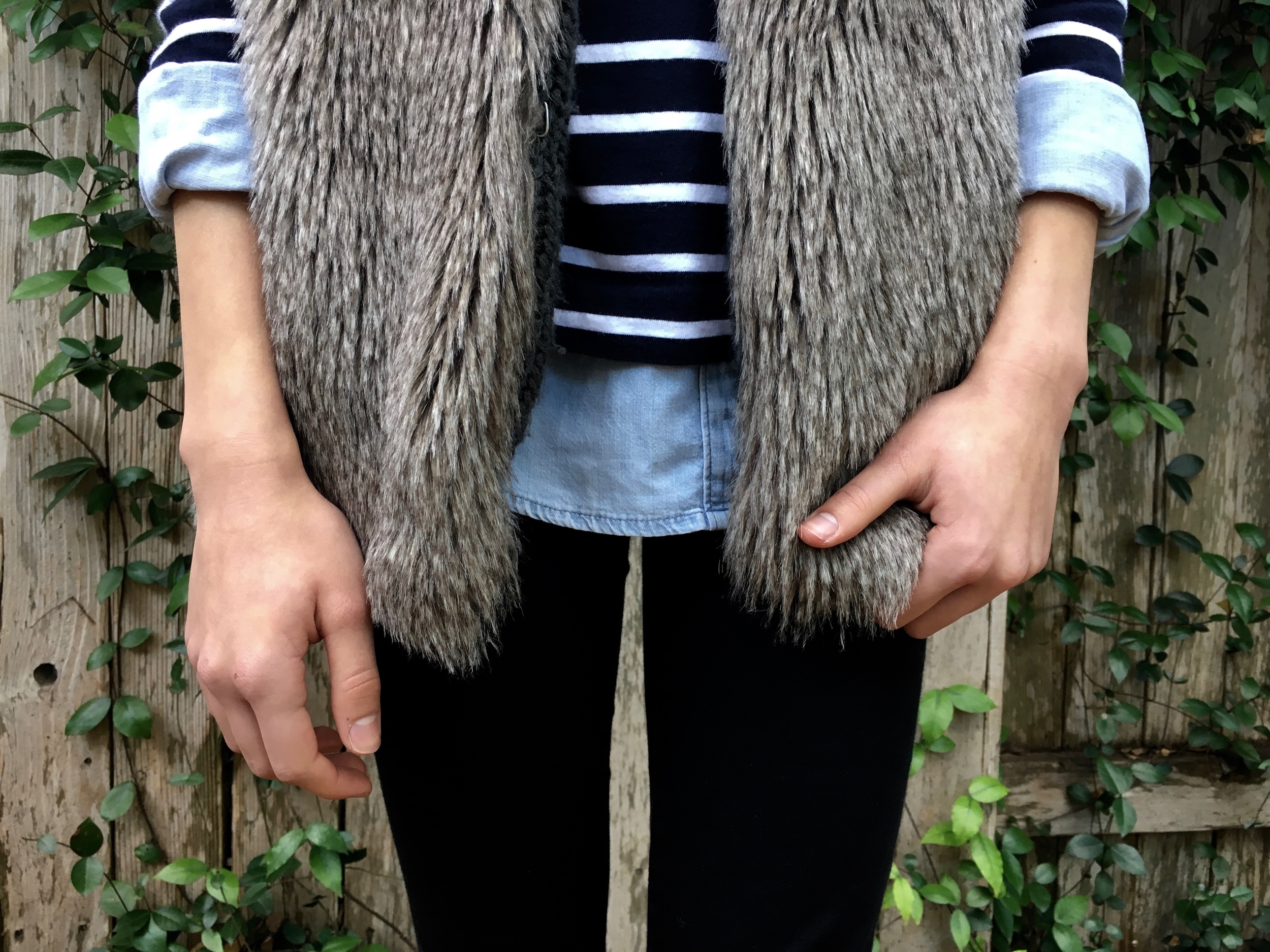 Chambray Shirt: Crewcuts, Striped Shirt: Aritzia, Fur Vest: Nordstrom, Jeans: American Eagle Outfitters, Shoes: Nordstrom