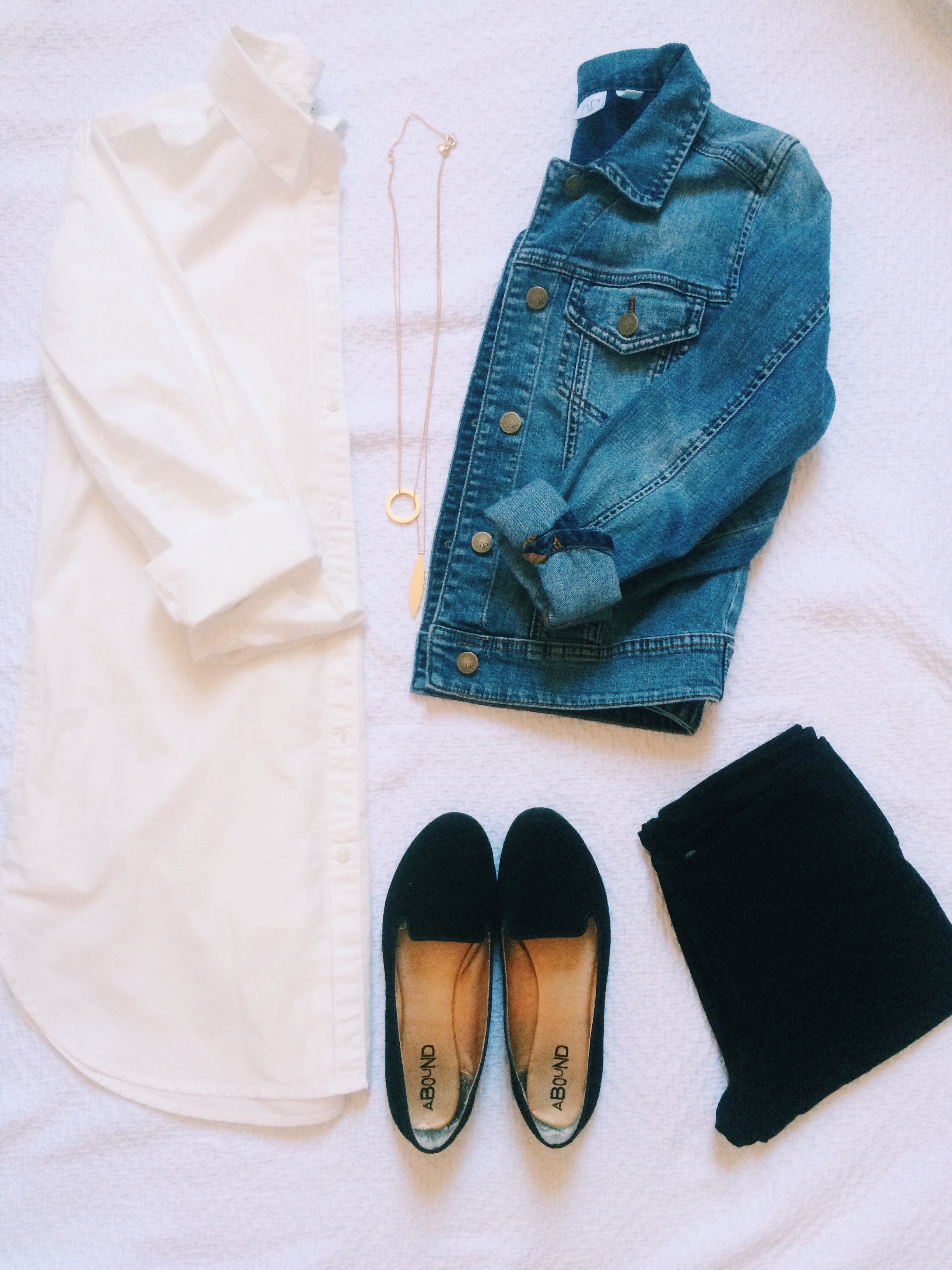 Shirt: Madewell, Pants: Old Navy, Necklace: Madewell, Jean Jacket: Brass Plum, Shoes: Nordstrom Rack