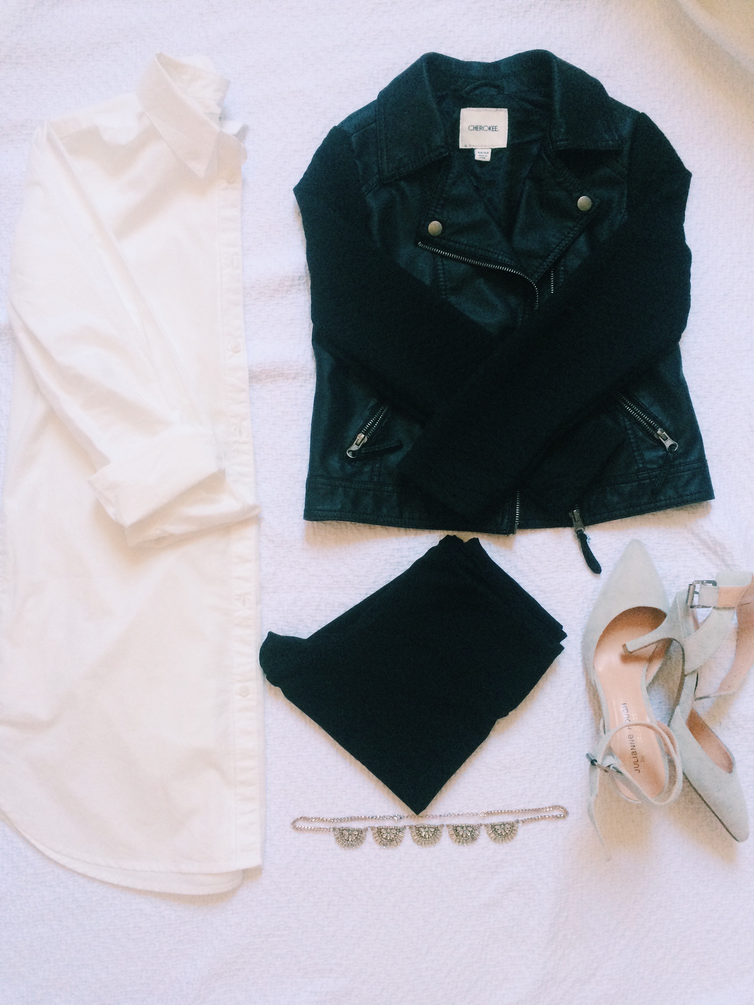 Shirt: Madewell, Leather Jacket: Target, Pants: Old Navy, Shoes: Nordstrom, Necklace: J. Crew