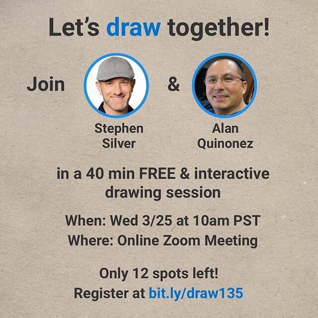 Let's draw together!
Join @stephensilver7 &amp; me in a 40 min FREE &amp; interactive caricature drawing session.
We will do a few 1 min, 3 mins and 5 mins drawings, and then have a chance to share what you drew with the rest of the group.
Register a
