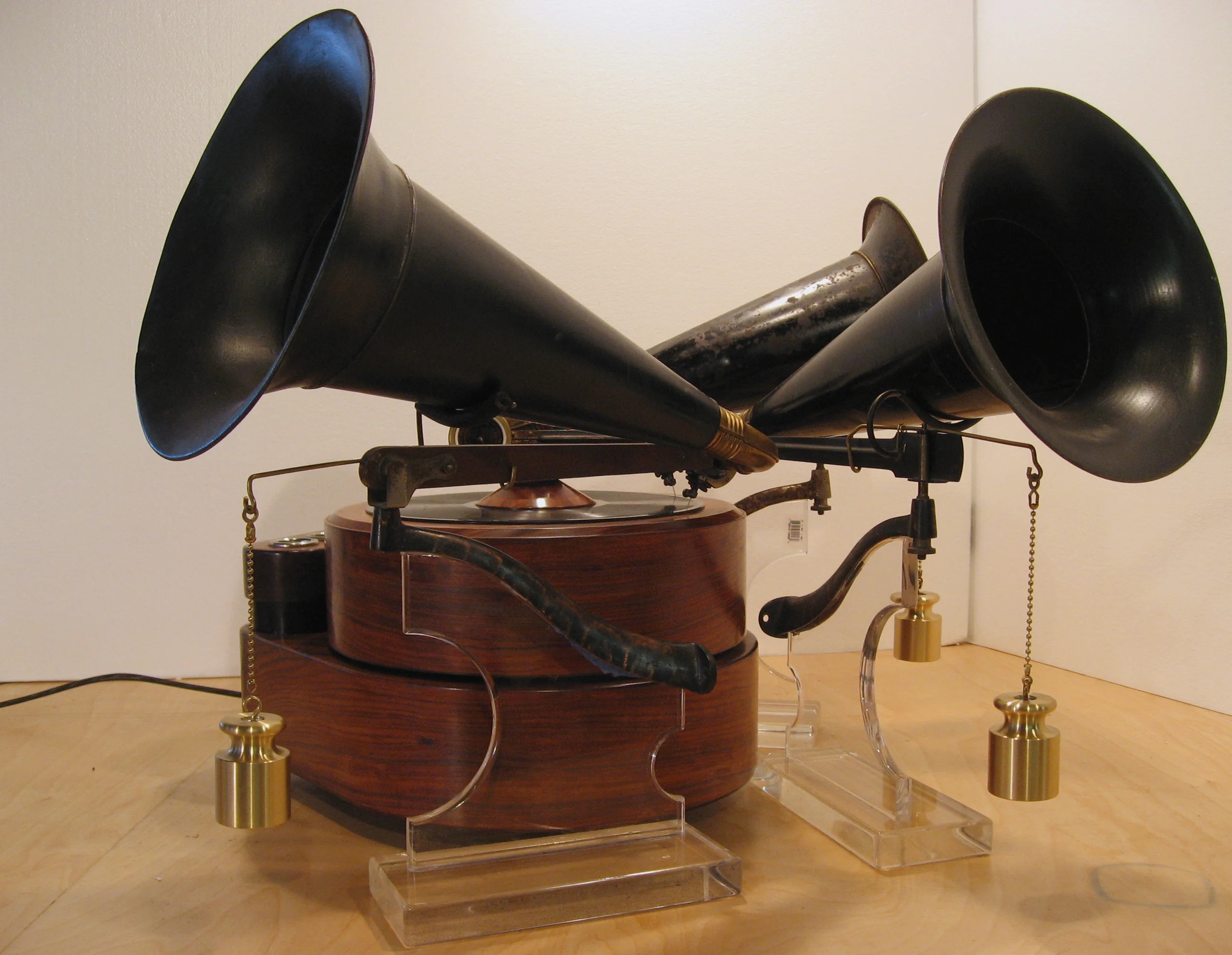 The Oracle - 2008 - three Victrola tonearms and horns, acrylic, brass weights, Teres turntable, Miles Davis 78