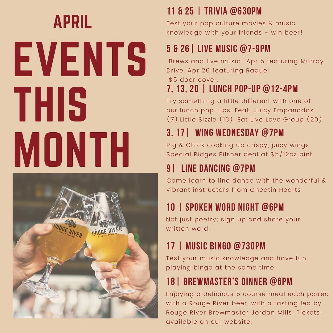 🗓️✅April Events Part 1

3 &amp; 17&nbsp; - Wing Wednesday from 5:00-8:00pm&nbsp;Delicious juicy and crispy Pig &amp; Chick wings with a special deal-12oz Ridges Pilsner for $5!
&nbsp;
5, 26 - Live Music Friday&nbsp;from 7:00-9:00pm - Support local l