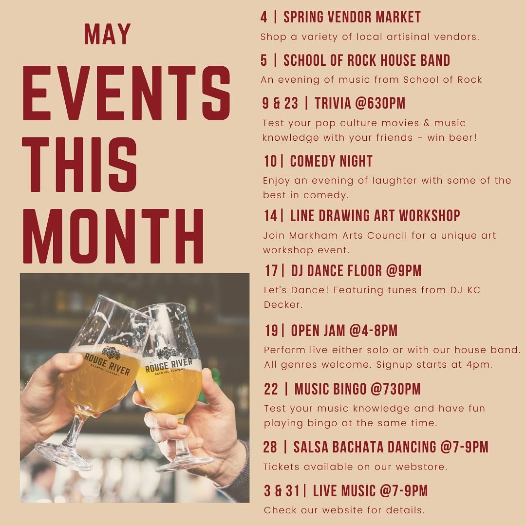 📆✅May is here, we&rsquo;ve got plenty of events lined up!

May 3 &amp; 31&nbsp;- Live Music Friday&nbsp;from 7:00-9:00pm - Support local live music and cheers to Friday! 
(Evelyn Ross Trio May 3, Darren from Black Creek Reign May 31) $5 door cover.
