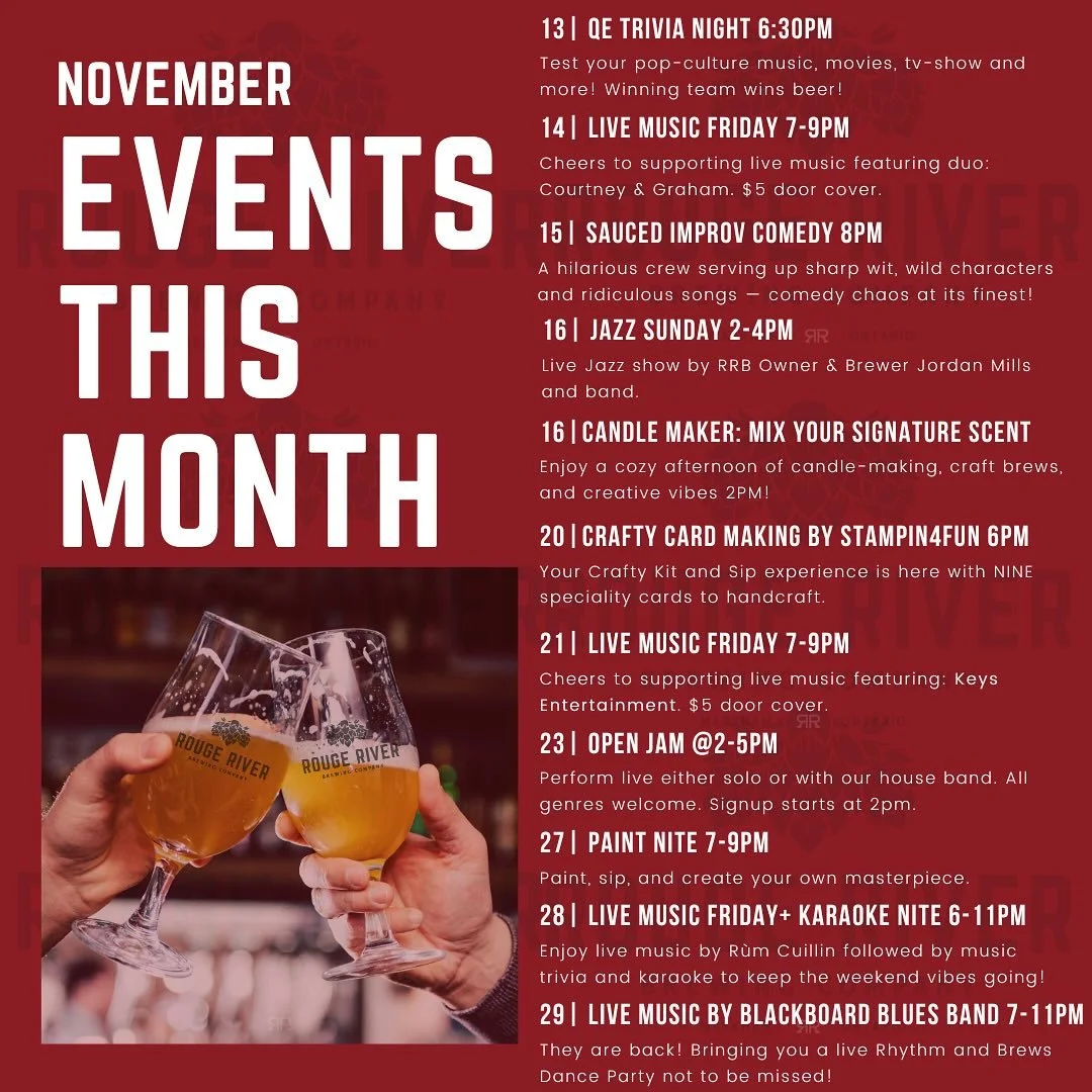 🎶 November&rsquo;s lookin&rsquo; hoppin&rsquo;&nbsp;at Rouge River!&nbsp;🍻 From smooth jazz and trivia to comedy chaos, crafty nights, and awesome live music &mdash; we&rsquo;ve got your fall fun lineup covered.
13| QE Trivia Night 6:30pm
Test your