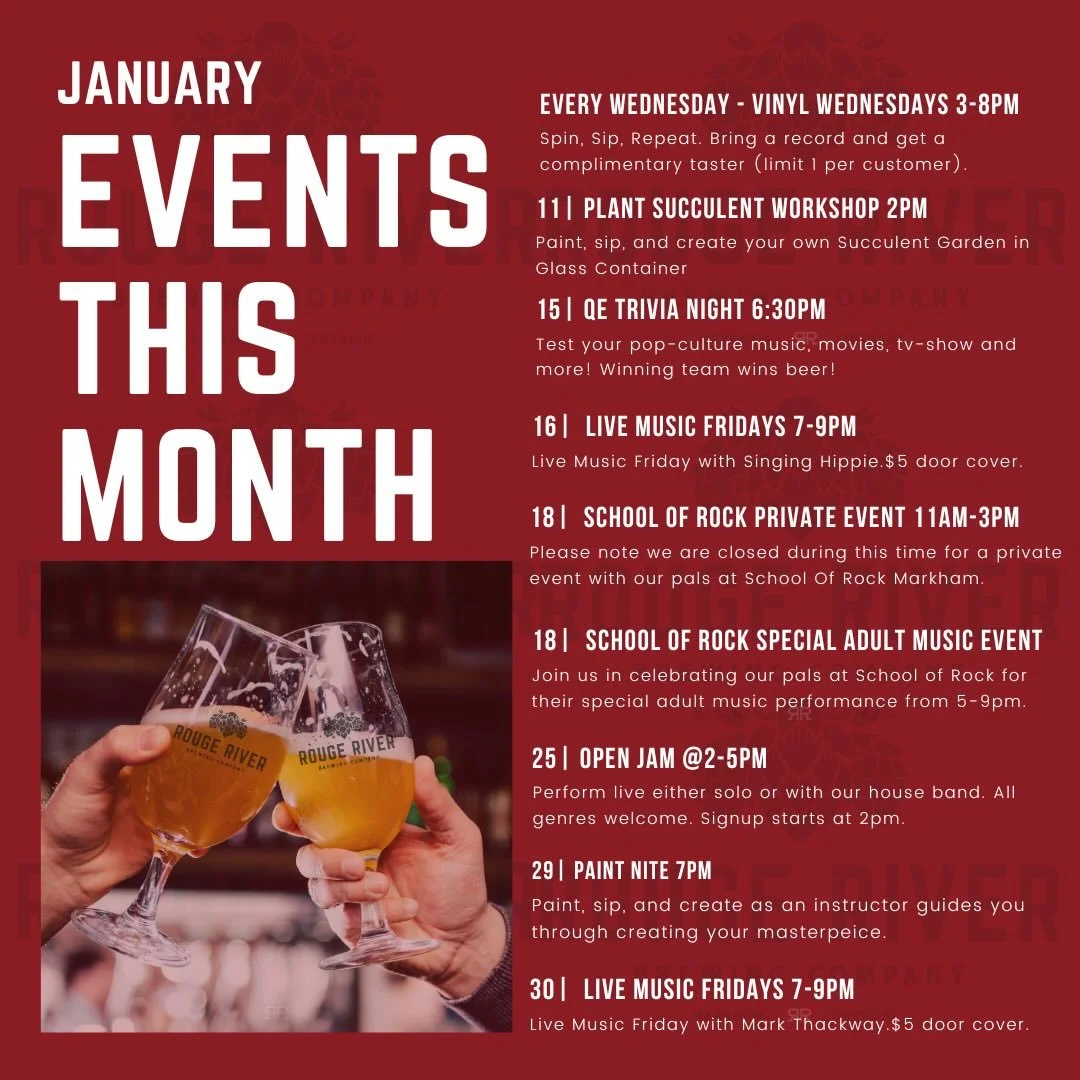 January may be chilly, but the vibes at Rouge River Brewery&nbsp;are fully warmed up 🔥🍻
We&rsquo;re kicking off the new year with music, creativity, trivia, and plenty of reasons to gather.&nbsp;
✨ Here&rsquo;s what&rsquo;s on tap this January:
🎶 