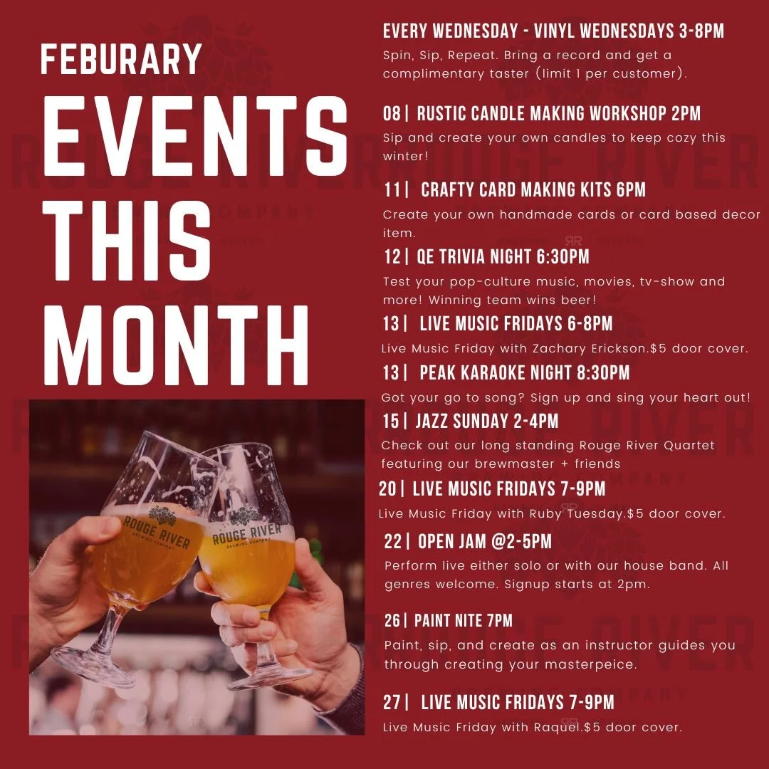 February might be short, but it&rsquo;s stacked&nbsp;at Rouge River Brewery ❤️🍻
✨ Here&rsquo;s what&rsquo;s on tap this February:
🎶 Vinyl Wednesdays&nbsp;(Every Wednesday, 3&ndash;8pm) &ndash; Bring a record, spin a tune, enjoy a complimentary tast