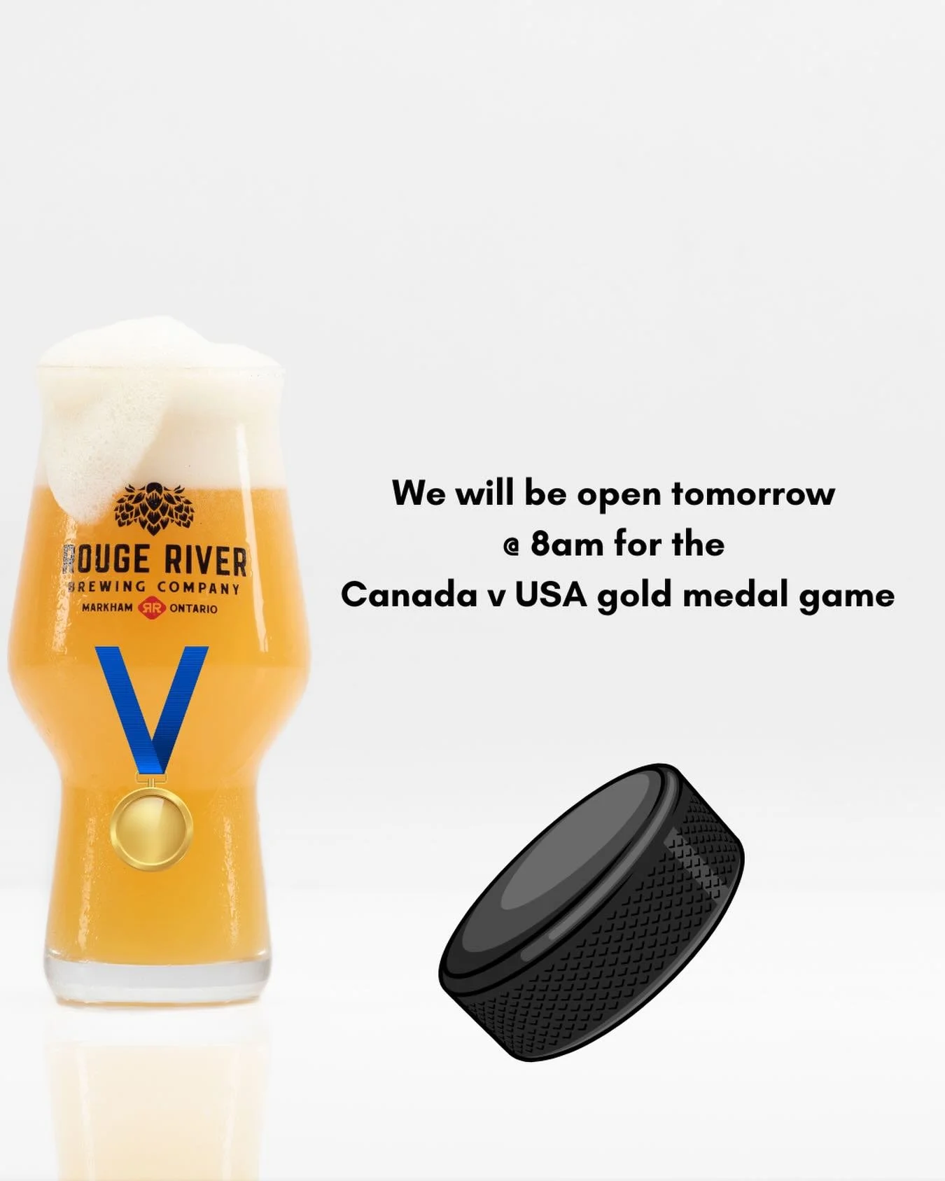 🥅🏒 
Just a heads up that we will be open at 8am tomorrow for the gold medal hockey game, hope to see you there!