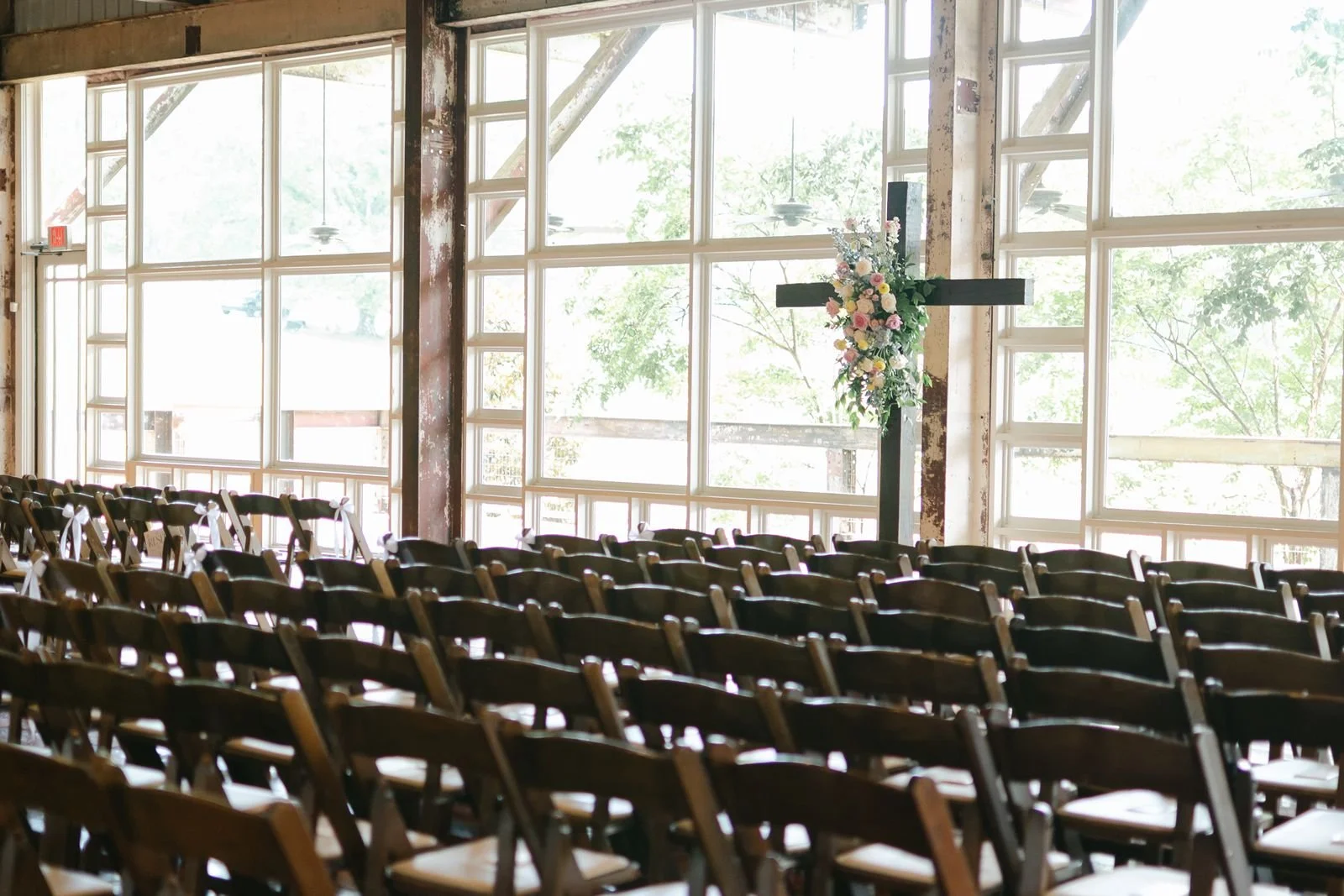 chair setup & floral before a wedding ceremony in the lakeside room at the Jefferson Oxford