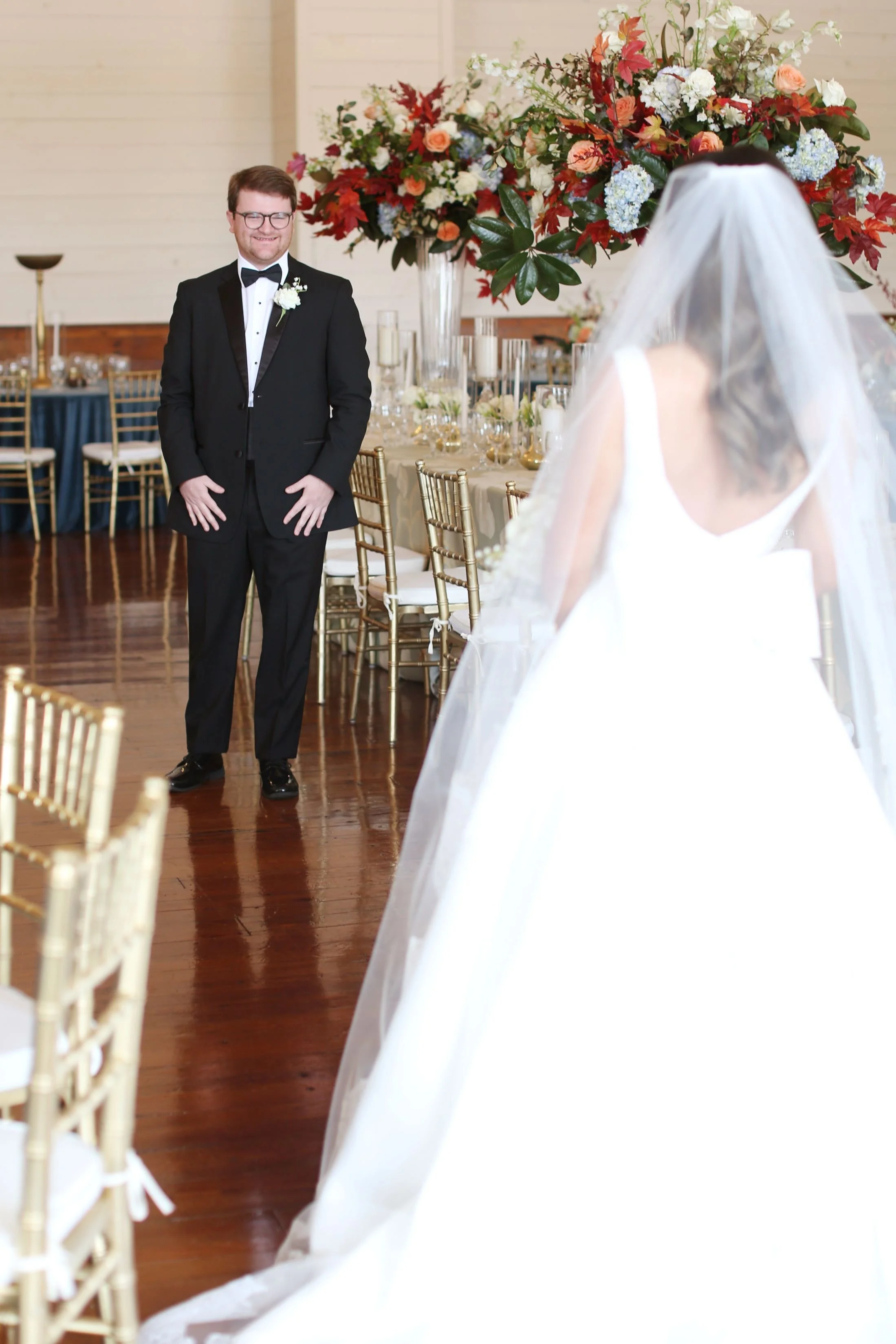 first look bride and groom in Grand Hall at The Jefferson Oxford