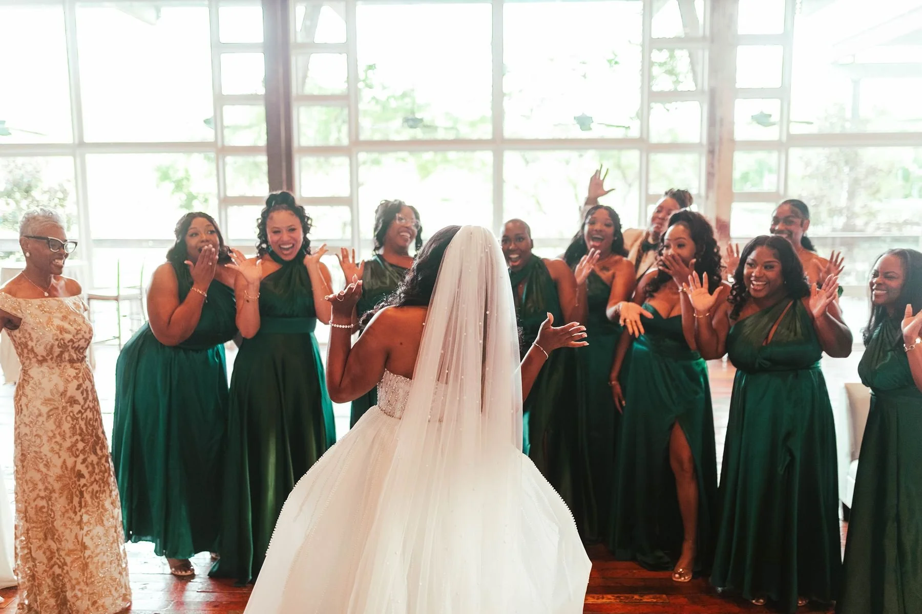 first look bride and bridesmaids Lakeside Room at The Jefferson Oxford