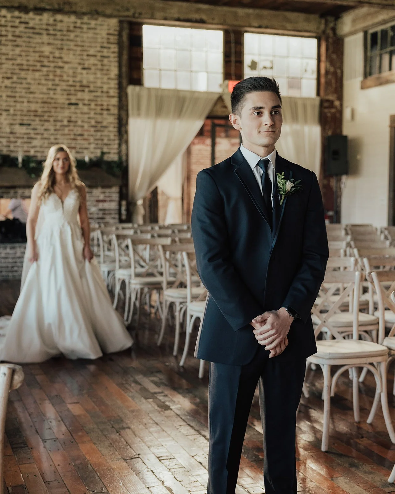 first look bride and groom in lakeside room at The Jefferson Oxford