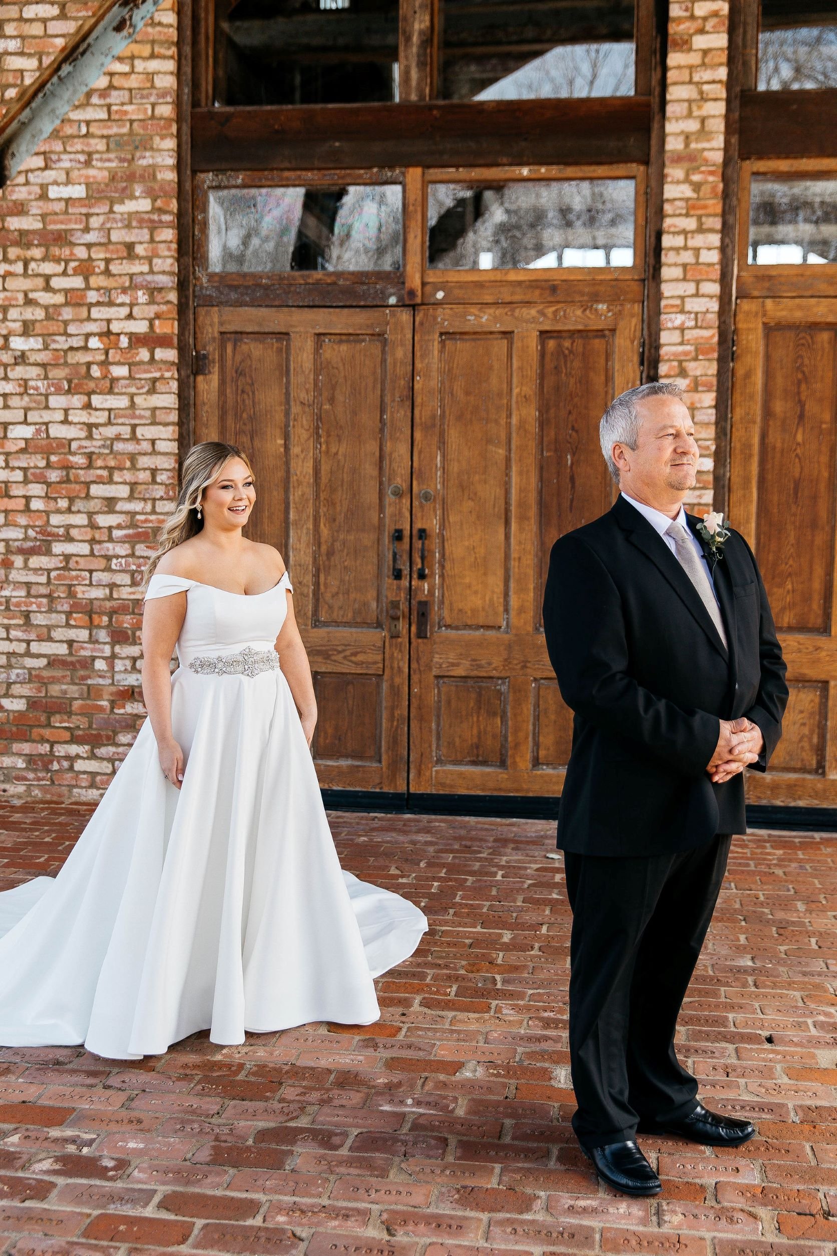 first look bride and dad before wedding at The Jefferson Oxford