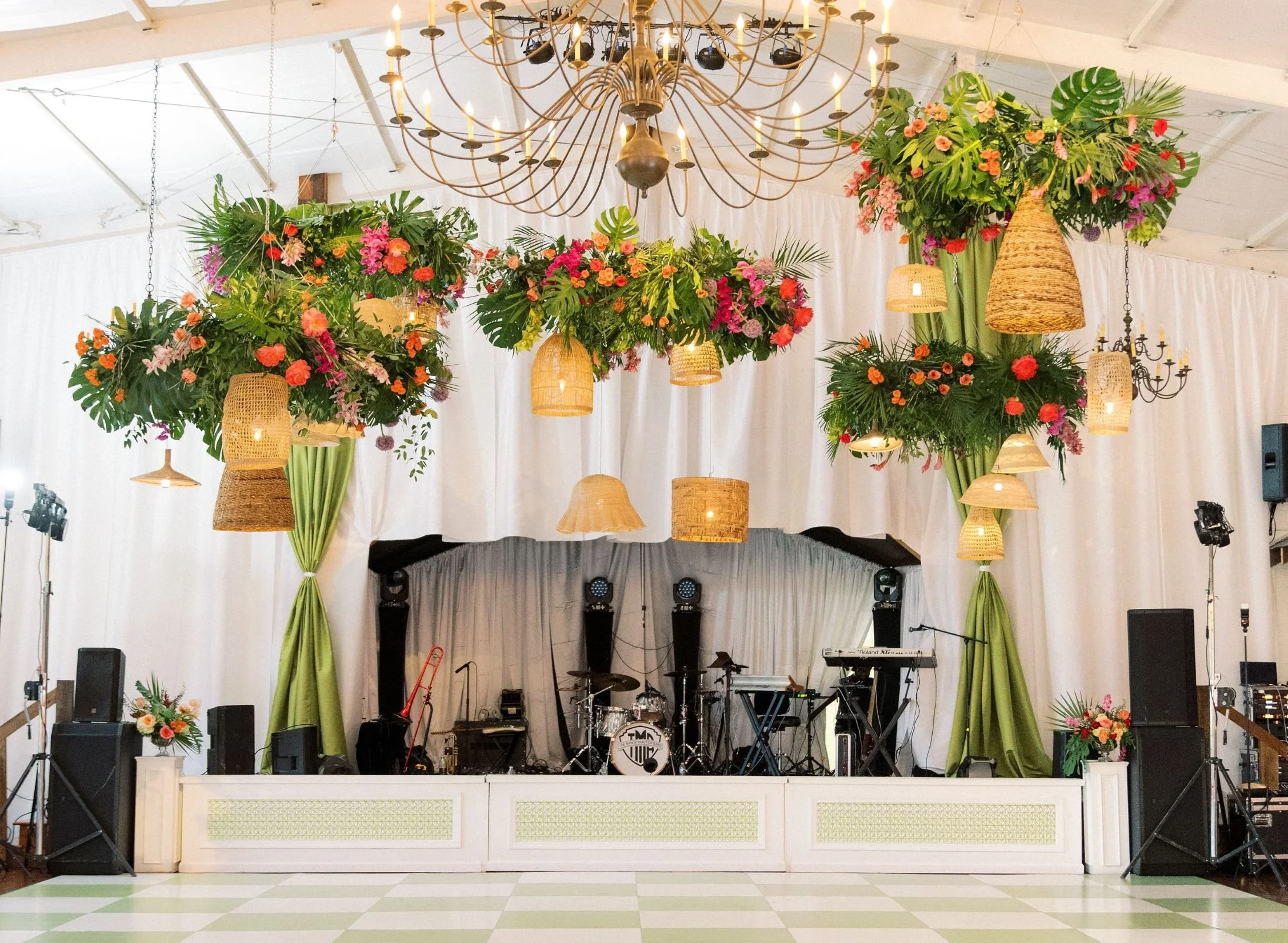 tropical colors in floral chandelier over dance floor at Jefferson Oxford