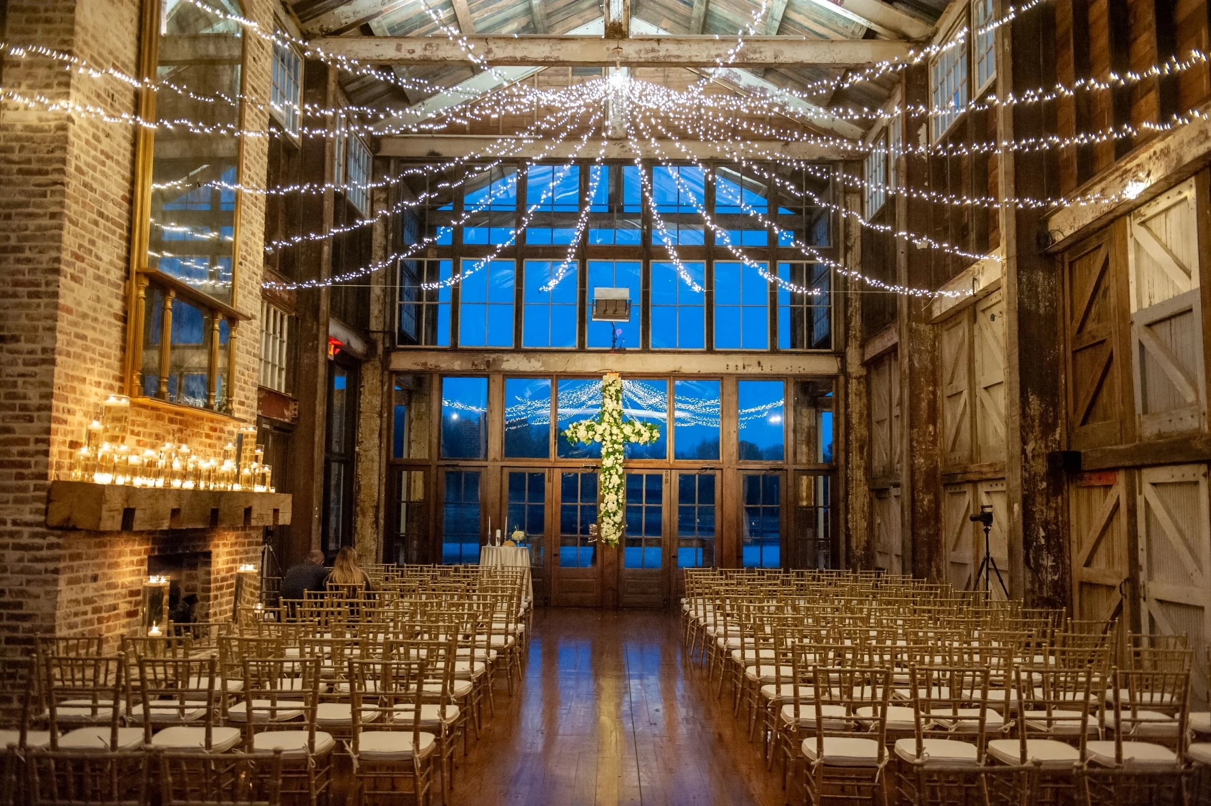 carousel lights hanging in faulkner room for wedding ceremony at the jefferson oxford