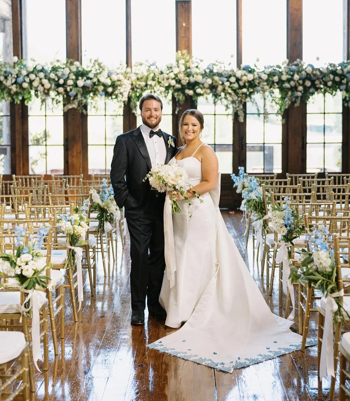 bride and groom with gorgeous floral before their wedding ceremony at the jefferson oxford venue
