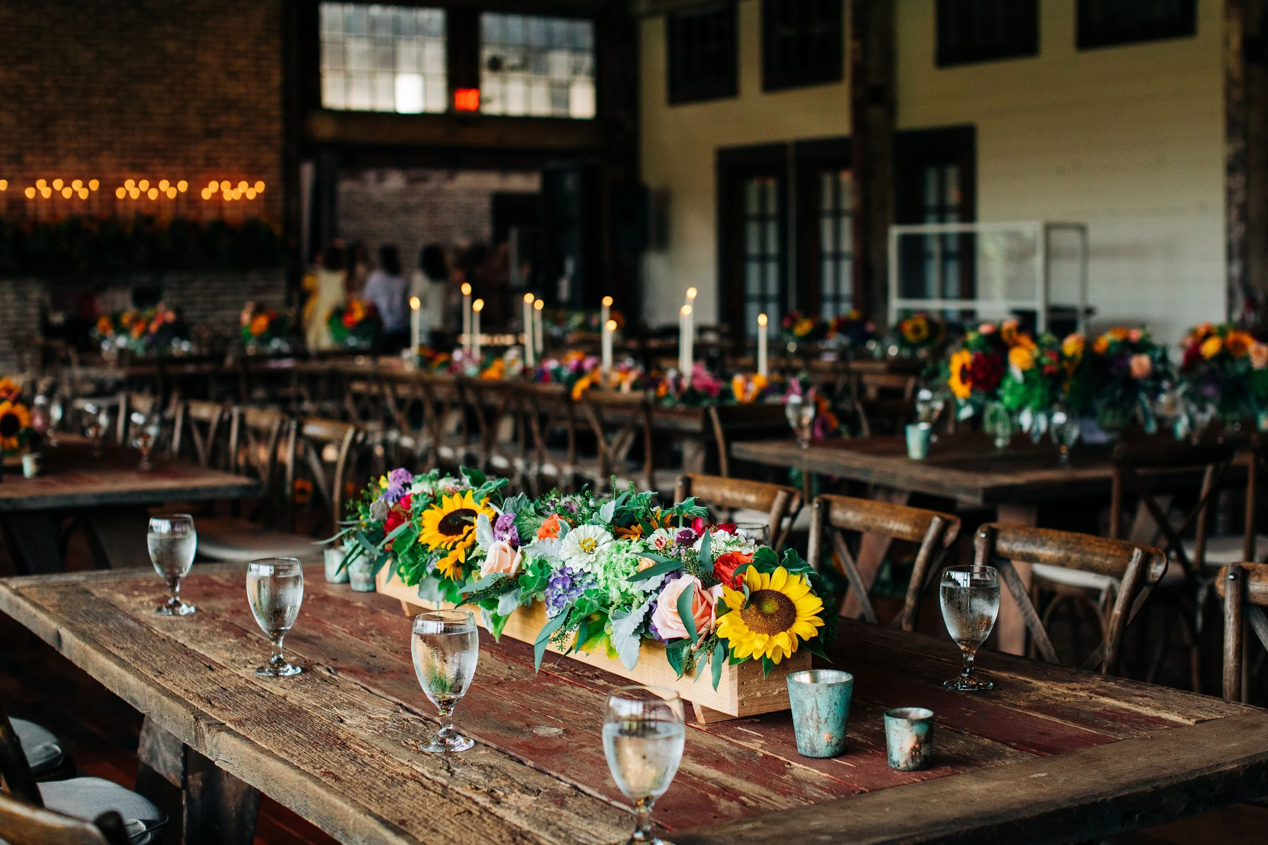 Sunflower themed casual Rehearsal dinner at Jefferson in Oxford in Lakeside Room