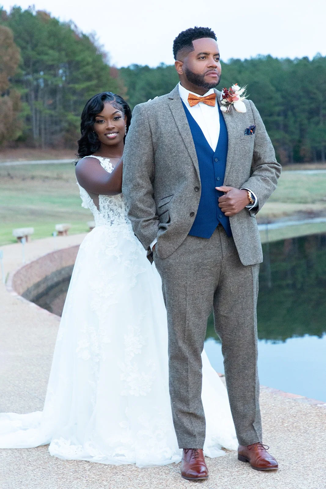 first look bride and groom lakefront walkway at The Jefferson Oxford