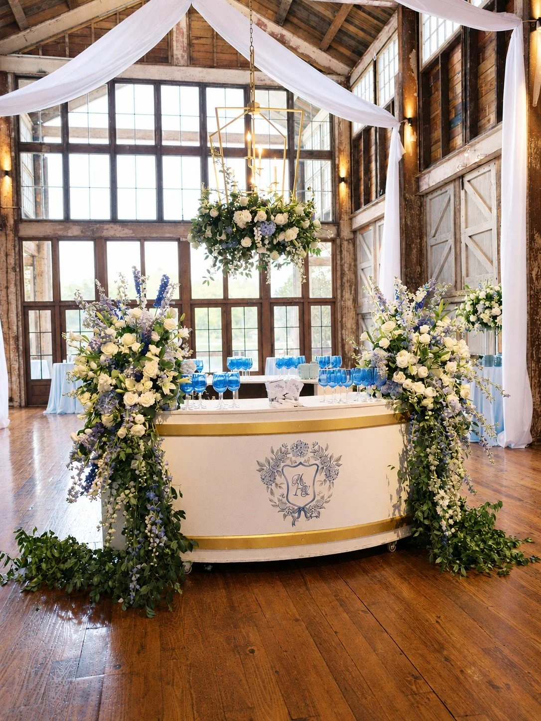 rehearsal-dinner-floral chandelier with lights in faulkner room at the jefferson oxford