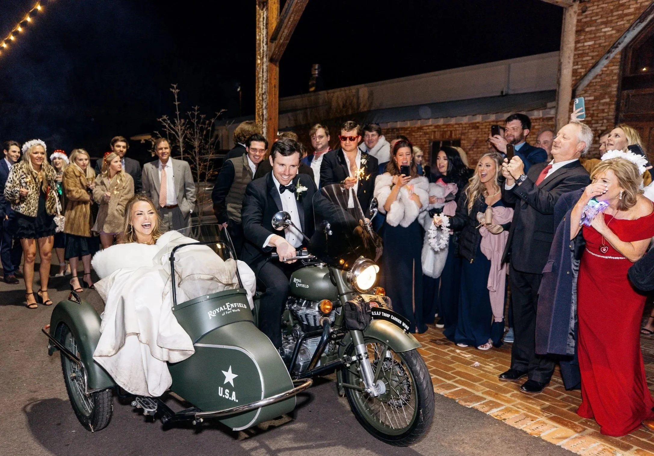 couple wedding getaway motorcycle sidecar send-off at the Jefferson Oxford