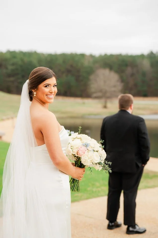 first look bride and groom lakefront walkway at The Jefferson Oxford