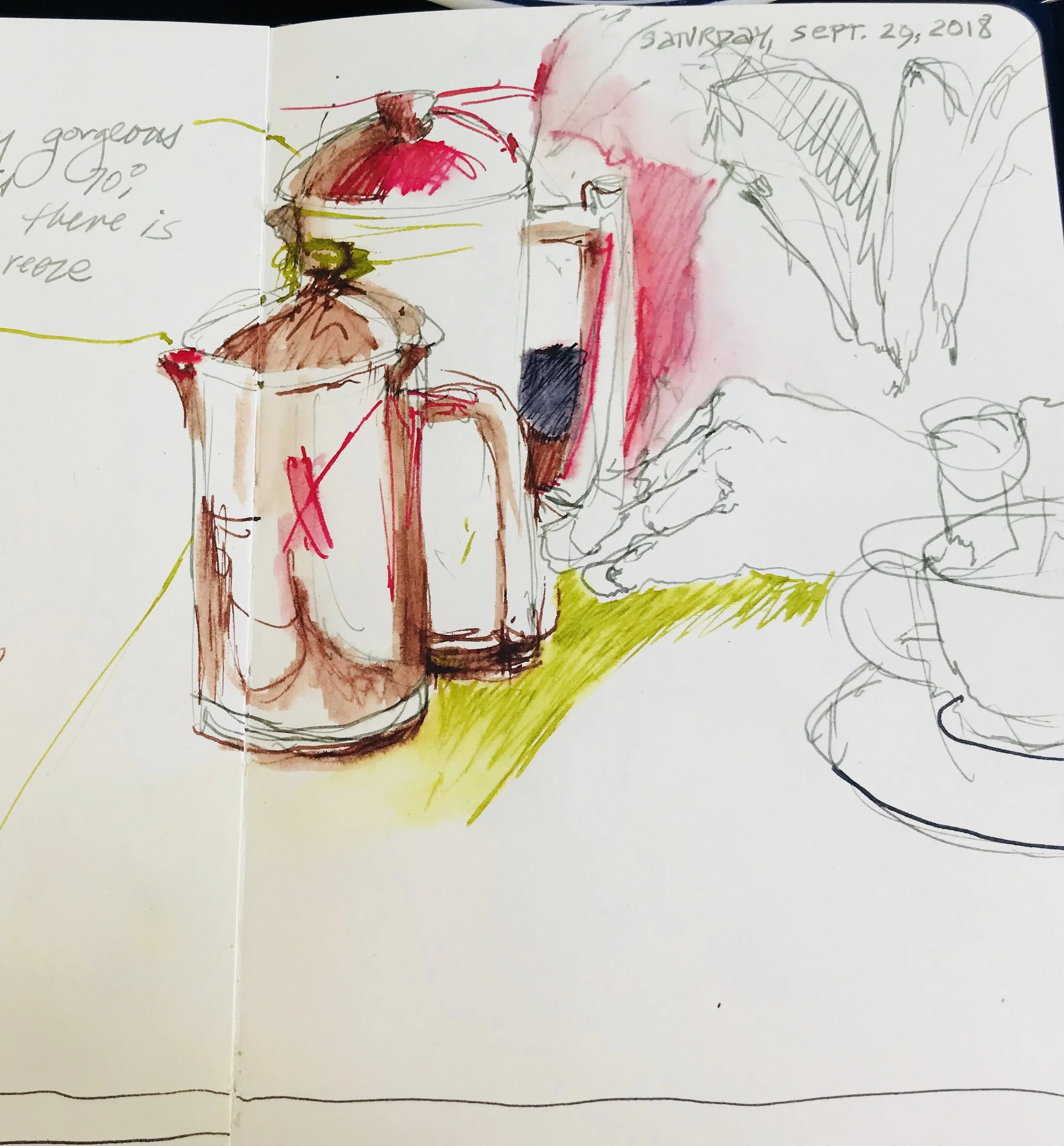 Fist sketch in my current journal, researching with my meandering lines and experimenting with placement and color.. 2018