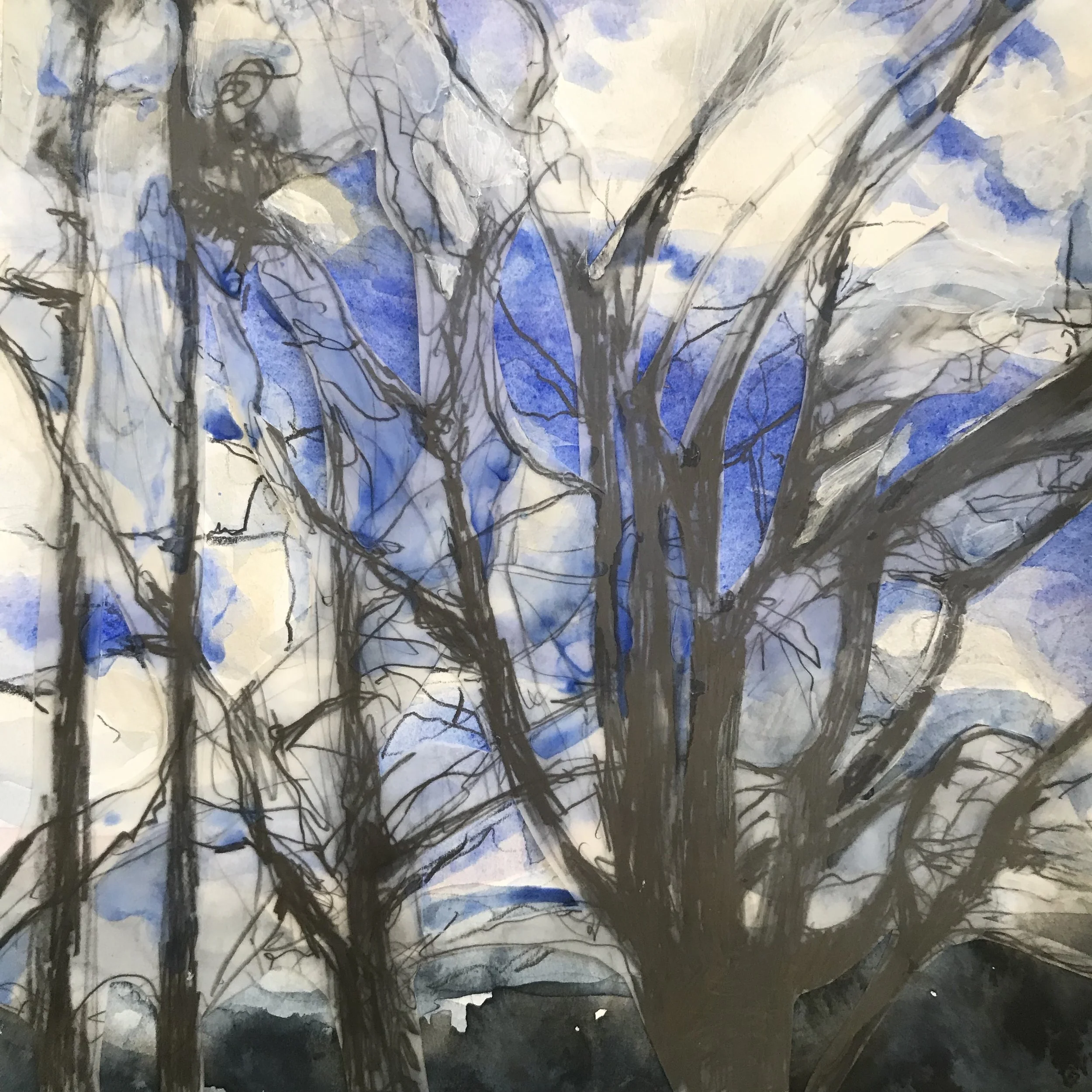 Trees-sketch-clouds ( Autentico 2019) watercolor, graphite, collage 9” x 9” by beth vendryes williams