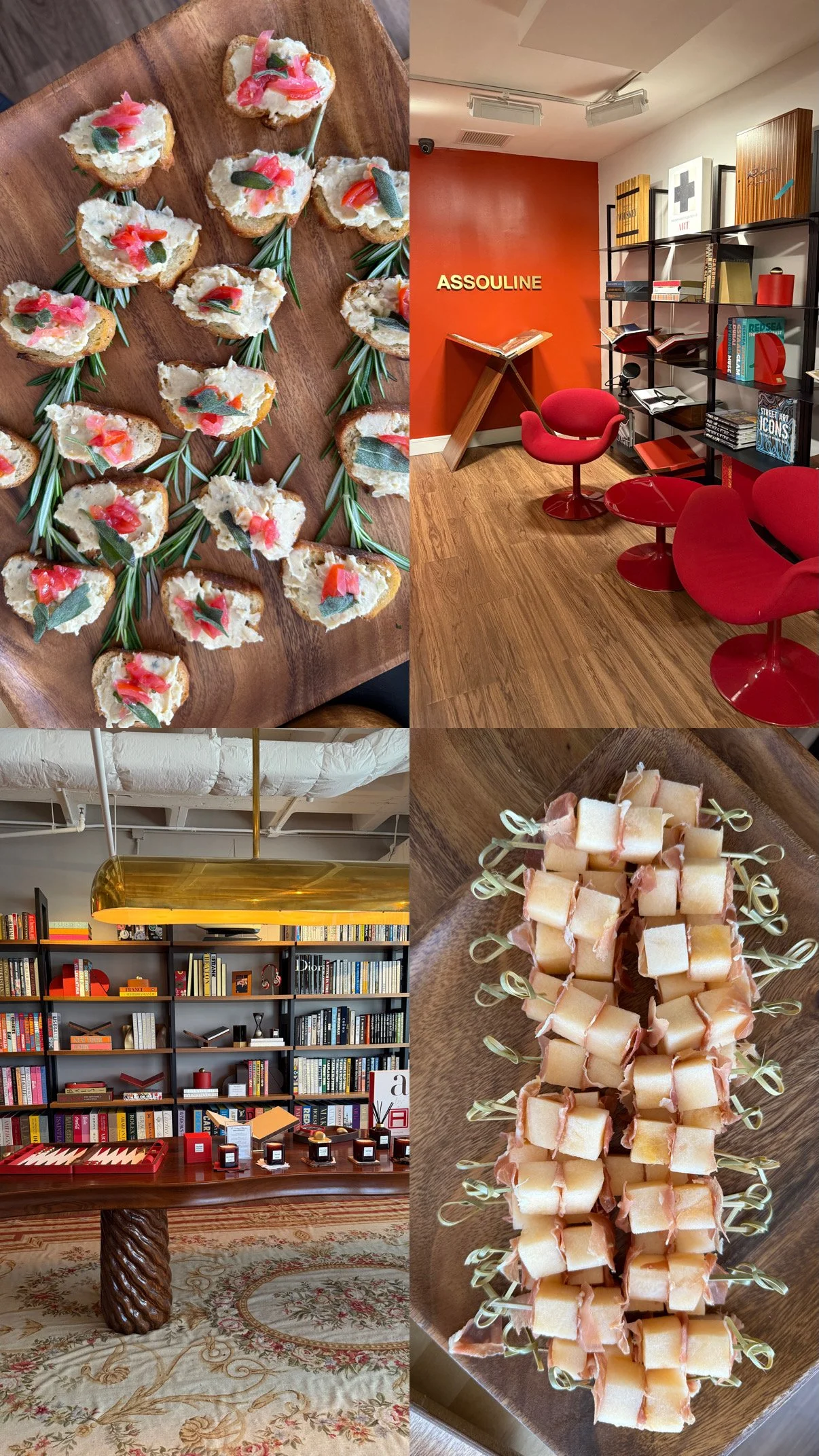 Collage of garnished crostini, melon and prosciutto skewers, and the Assouline interior with red chairs and bookshelves.