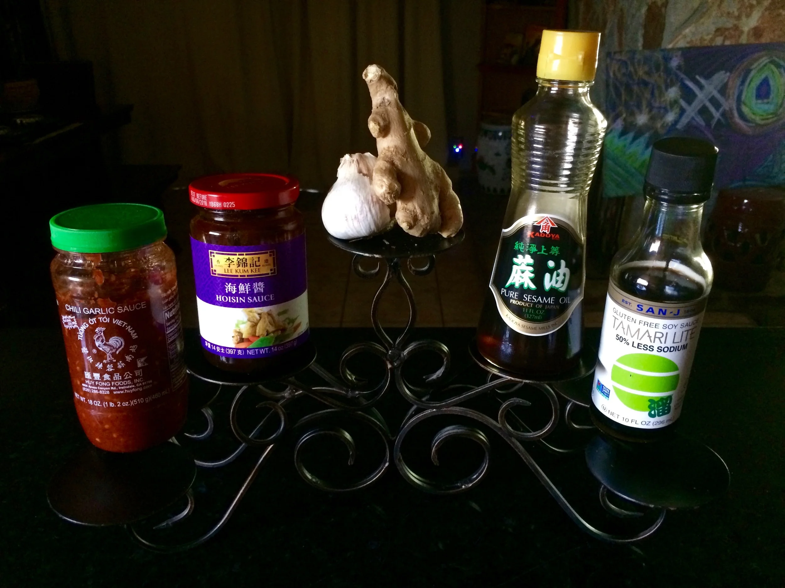 Sauce goods: chili garlic paste, hoisin sauce, garlic, ginger, sesame oil, tamari