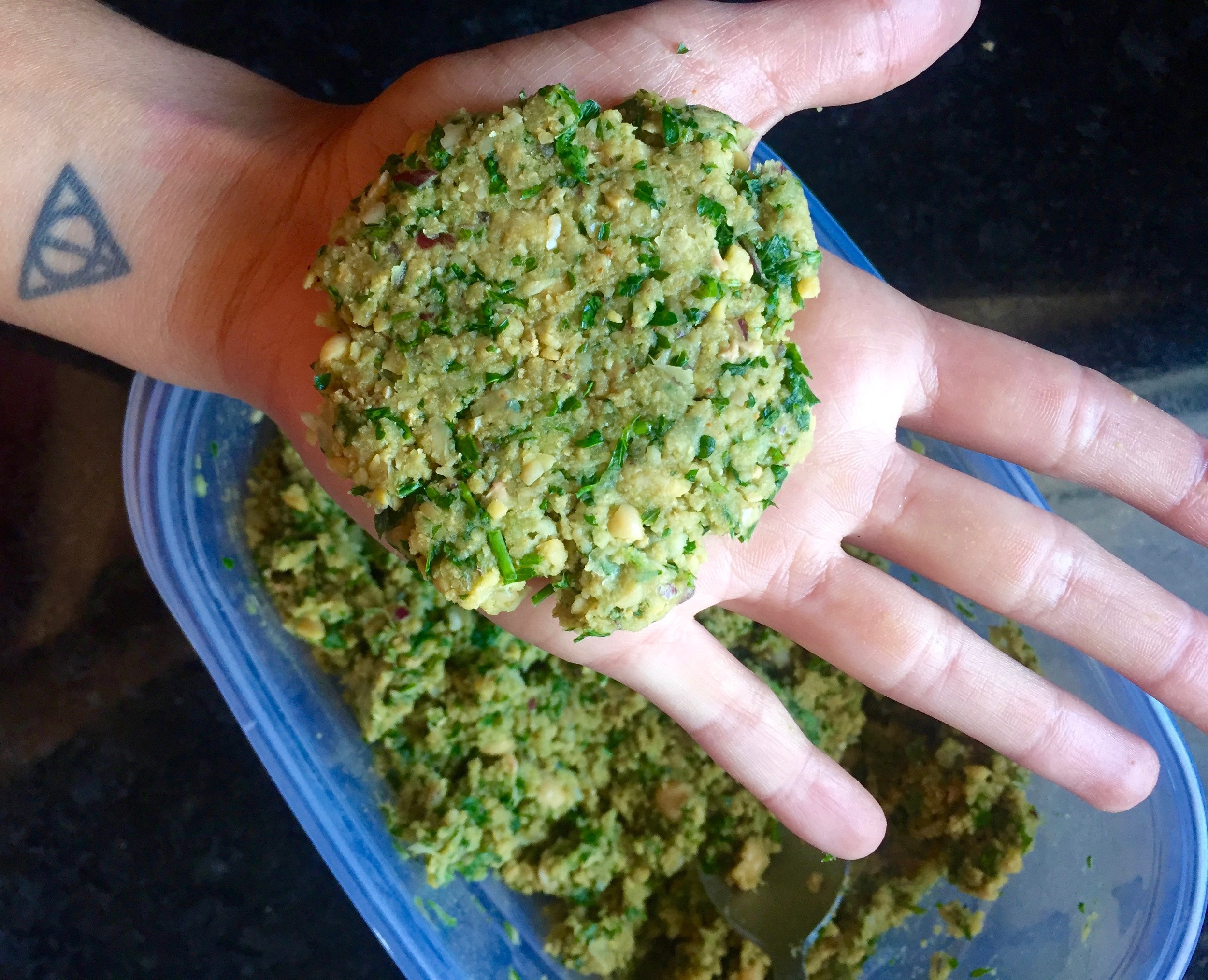 Since I don't deep-fry the falafel, I like forming them into palm sized patties.