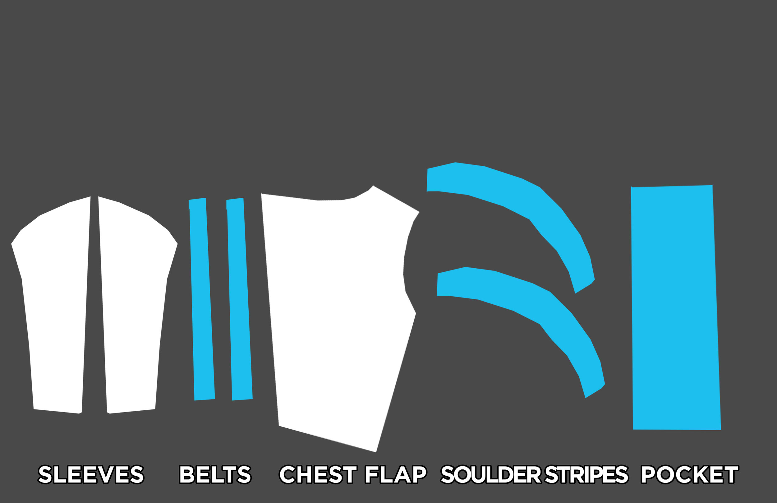 Use the patterns to cut pieces of fabric in the same shapes. Mark the edge of patterns on the fabric with a marker, then cut the fabric so that there’s 1/2” extra on every edge. Cut the right color fabric for each pattern: • Two sleeves (front and back) - White • Two “belts” (front and back) - Light Blue • One chest flap - White • Two Shoulder stripes - Light Blue • One pocket - Light Blue For this tutorial, we’ll be using pictures of the patterns to show how you’ll stitch the outfit together. You’ll be doing this with the actual fabric. 