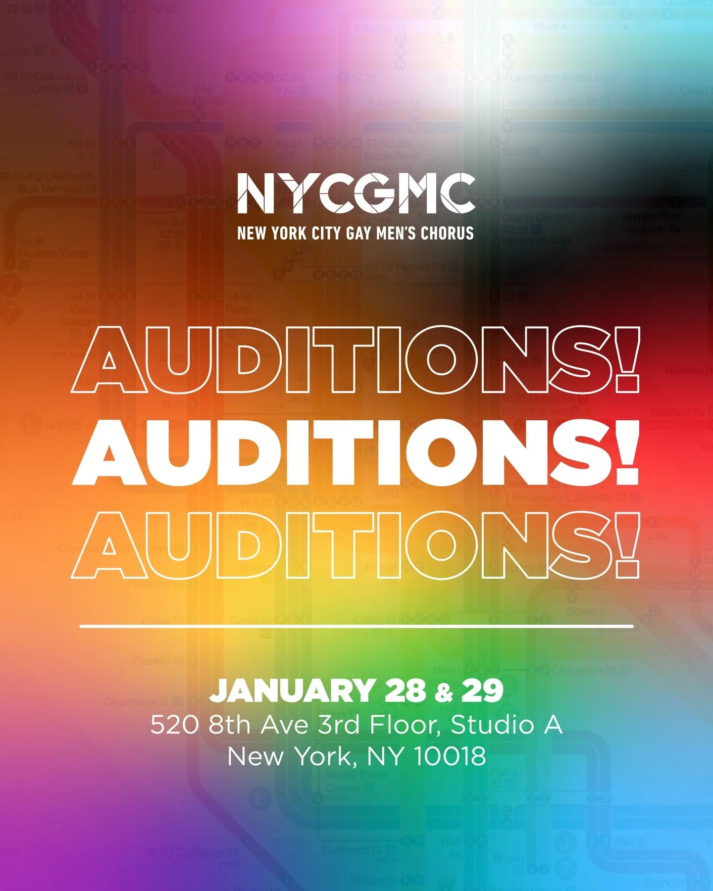 It&rsquo;s that time again. 🎤✨
NYCGMC auditions are open for singers who want community, creativity, and a place to make some seriously joyful noise.

January 28 &amp; 29
520 8th Ave, 3rd Floor, Studio A &mdash; New York, NY 10018

If you&rsquo;ve e