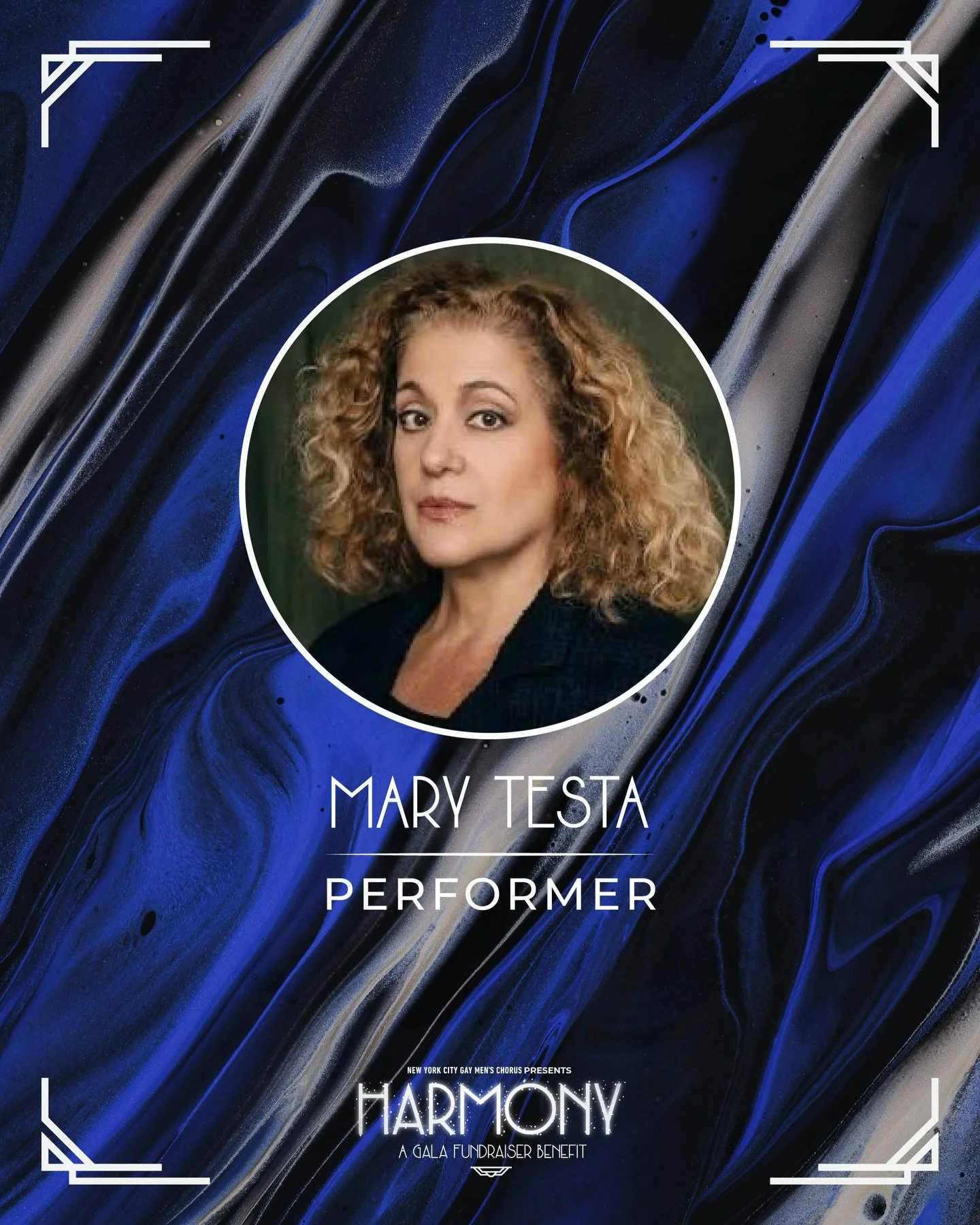 We are beyond honored to welcome Mary Testa to Harmony.
A true icon of the American theatre, Mary brings brilliance, honesty, and unmistakable power to the stage. Having her with us makes this night even more meaningful.