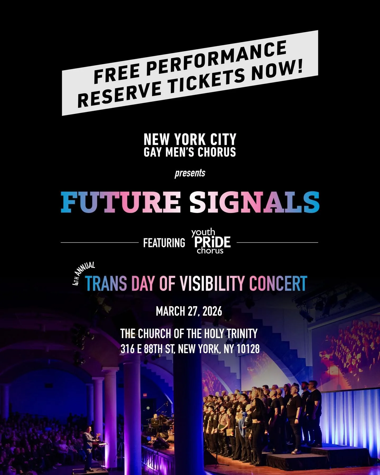 Tickets are now available for Future Signals: A TDOV Concert

March 27 at 8 PM

Our Holy Trinity Church

This special evening centers the stories and voices of our Trans singers through music that looks toward a vibrant and visible future. Through po