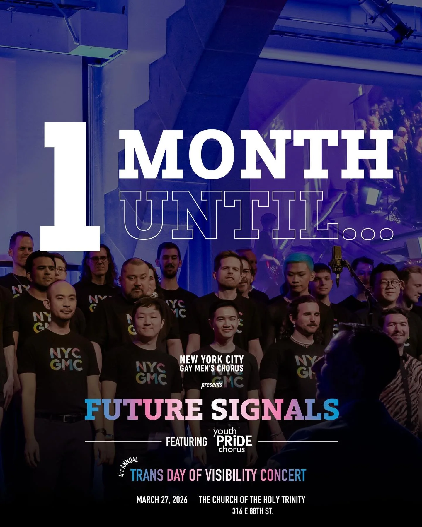 One month.

Future Signals returns for our 4th Annual Trans Day of Visibility Concert, featuring Youth Pride Chorus.

March 27 at The Church of the Holy Trinity.

Mark your calendar. Make the plan. Show up.