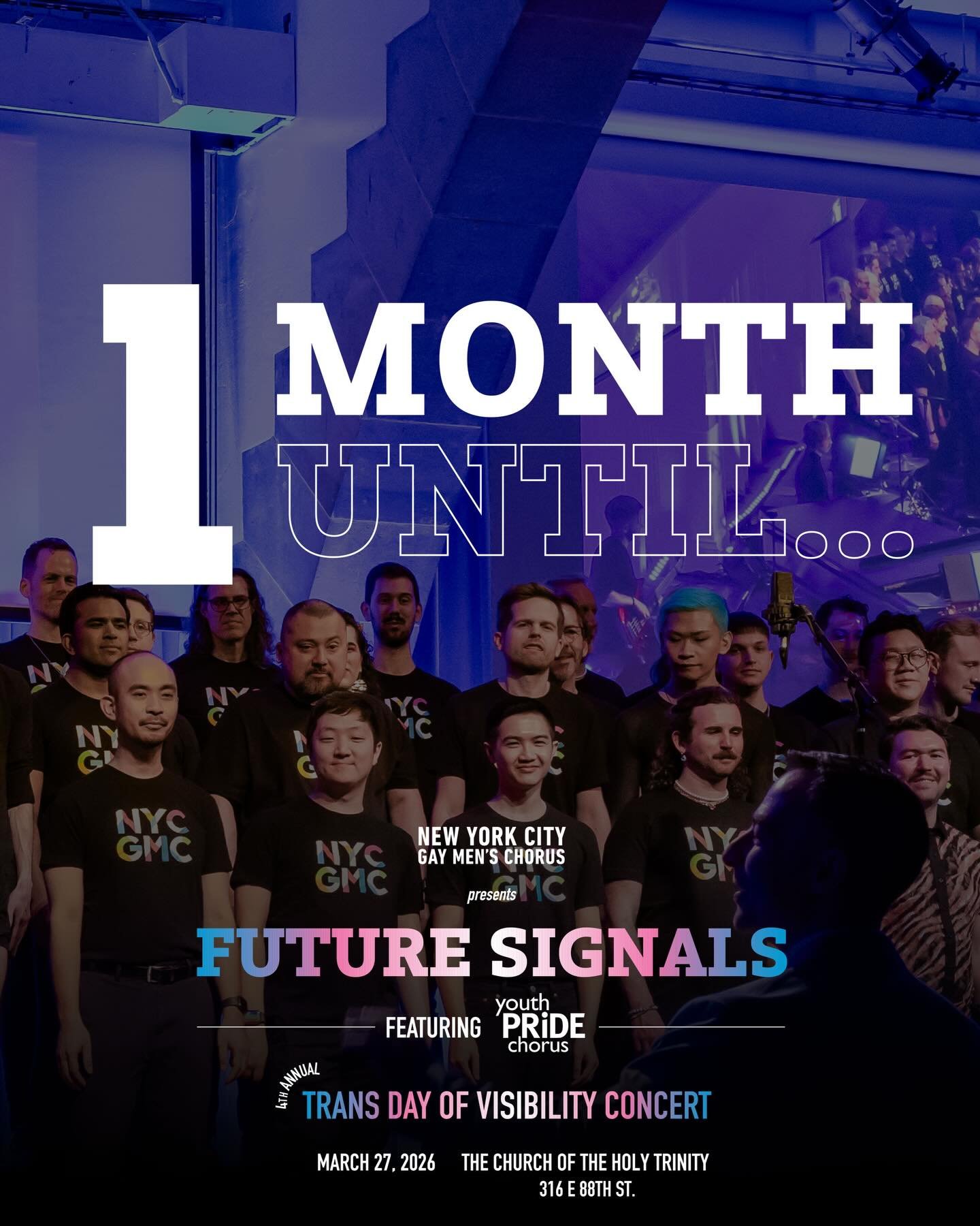 One month.

Future Signals returns for our 4th Annual Trans Day of Visibility Concert, featuring Youth Pride Chorus.

March 27 at The Church of the Holy Trinity.

Mark your calendar. Make the plan. Show up.