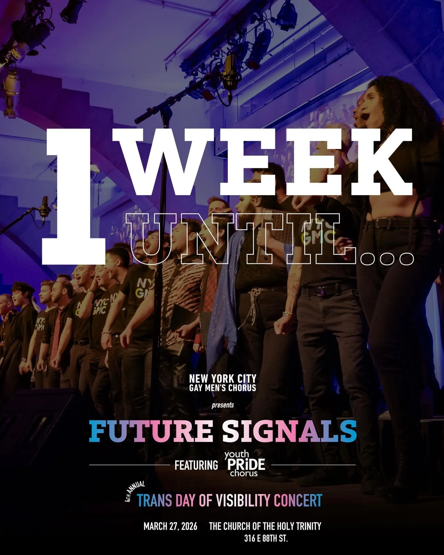 One week.

Future Signals. Voices raised. Stories amplified. Community in full force.

Join us March 27 for our Trans Day of Visibility Concert featuring Youth Pride Chorus.

Let&rsquo;s fill the room.