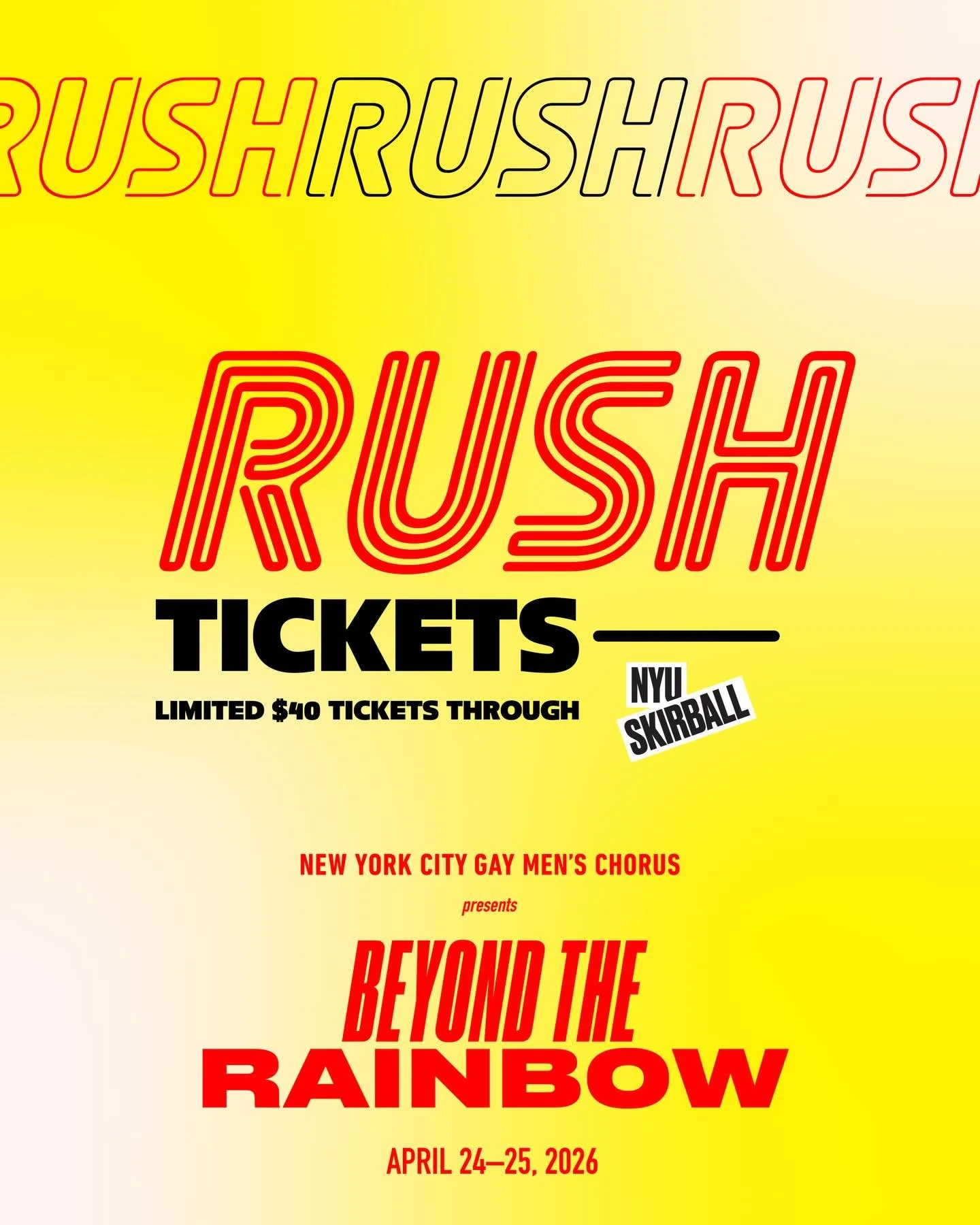 I feel the rush ⚡

Limited $40 tickets available day of show:

Use Code: RUSH

Online at 9:00 AM

At the box office at 12:00 PM

First come, first served.

Beyond the Rainbow

April 24&ndash;25 | NYU Skirball

#linkinbio
