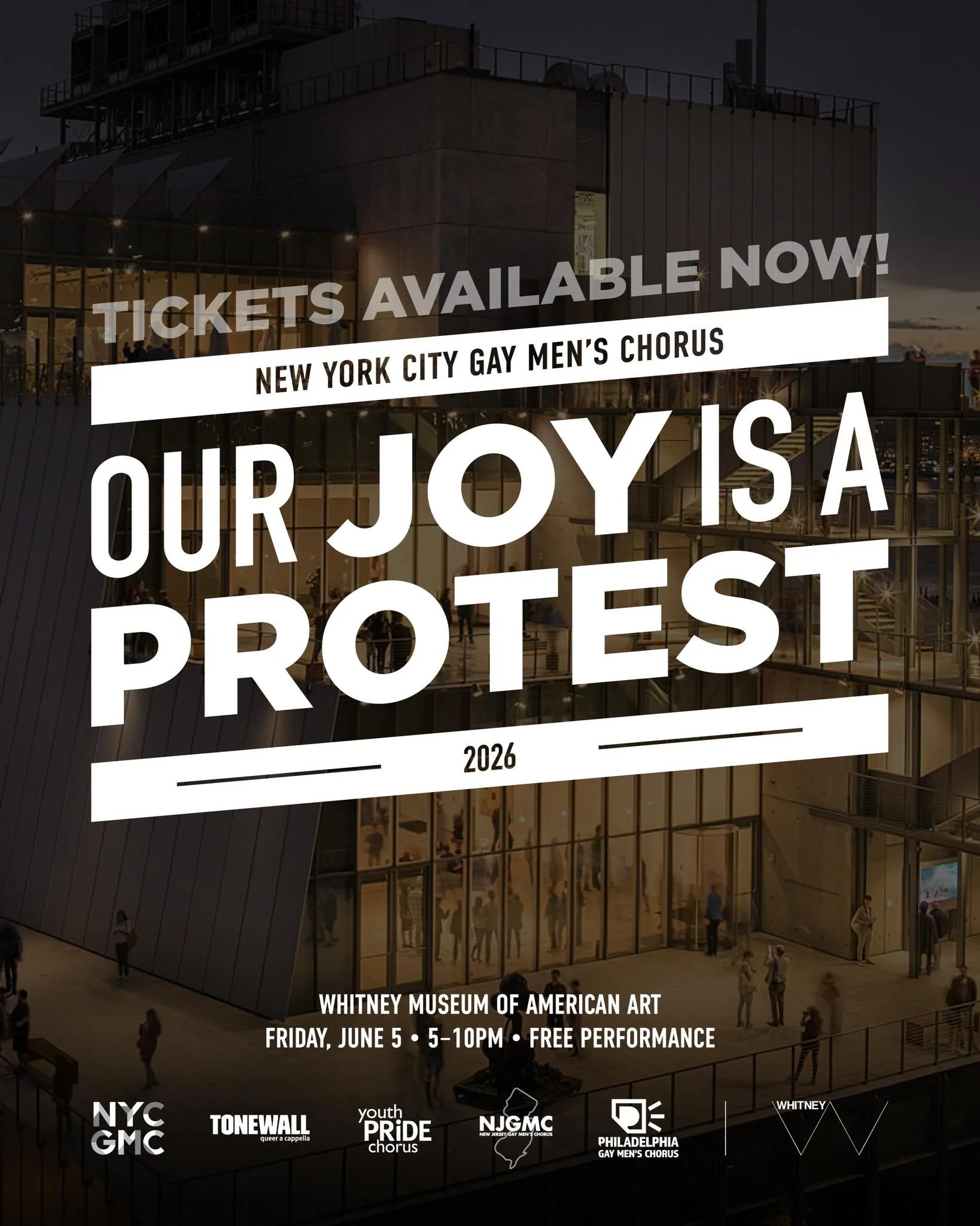 Our Joy is a Protest returns at the Whitney Museum. 

Featuring performances from:

@nycgmc @tonewallnyc @youthpridechorus @phlgmc @njgmc 

Friday, June 5

5&ndash;10 PM

Free Tickets Available NOW #linkinbio 

#OurJoyIsAProtest #NYCGMC #LGBTQArts