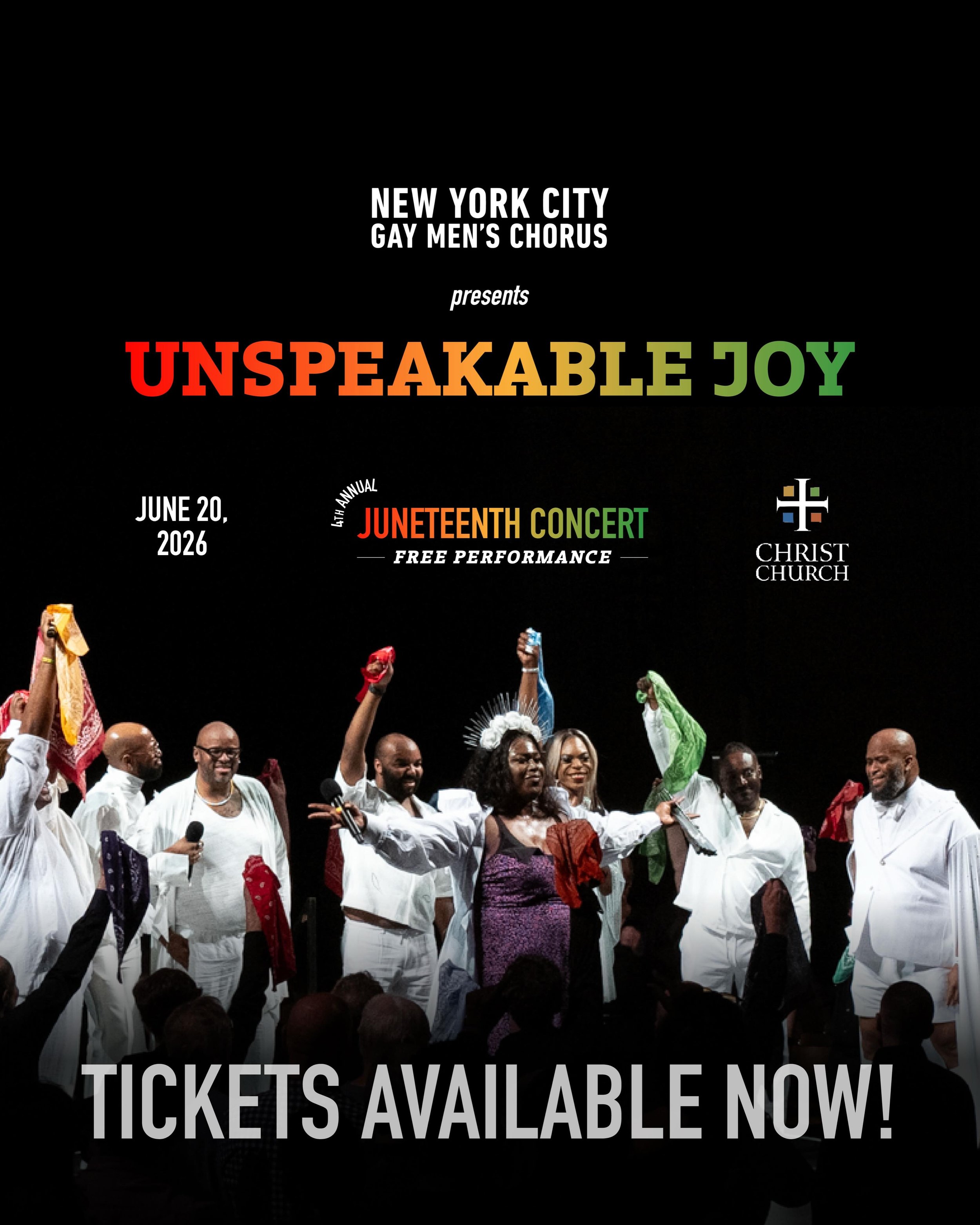 Celebrate Juneteenth with the NYC Gay Men&rsquo;s Chorus at Unspeakable Joy, our 4th annual FREE Juneteenth concert. 

Saturday, June 20 at 8pm
@christchurchnyc 
Tickets are FREE-reserve now!

#NYCGMC #Juneteenth