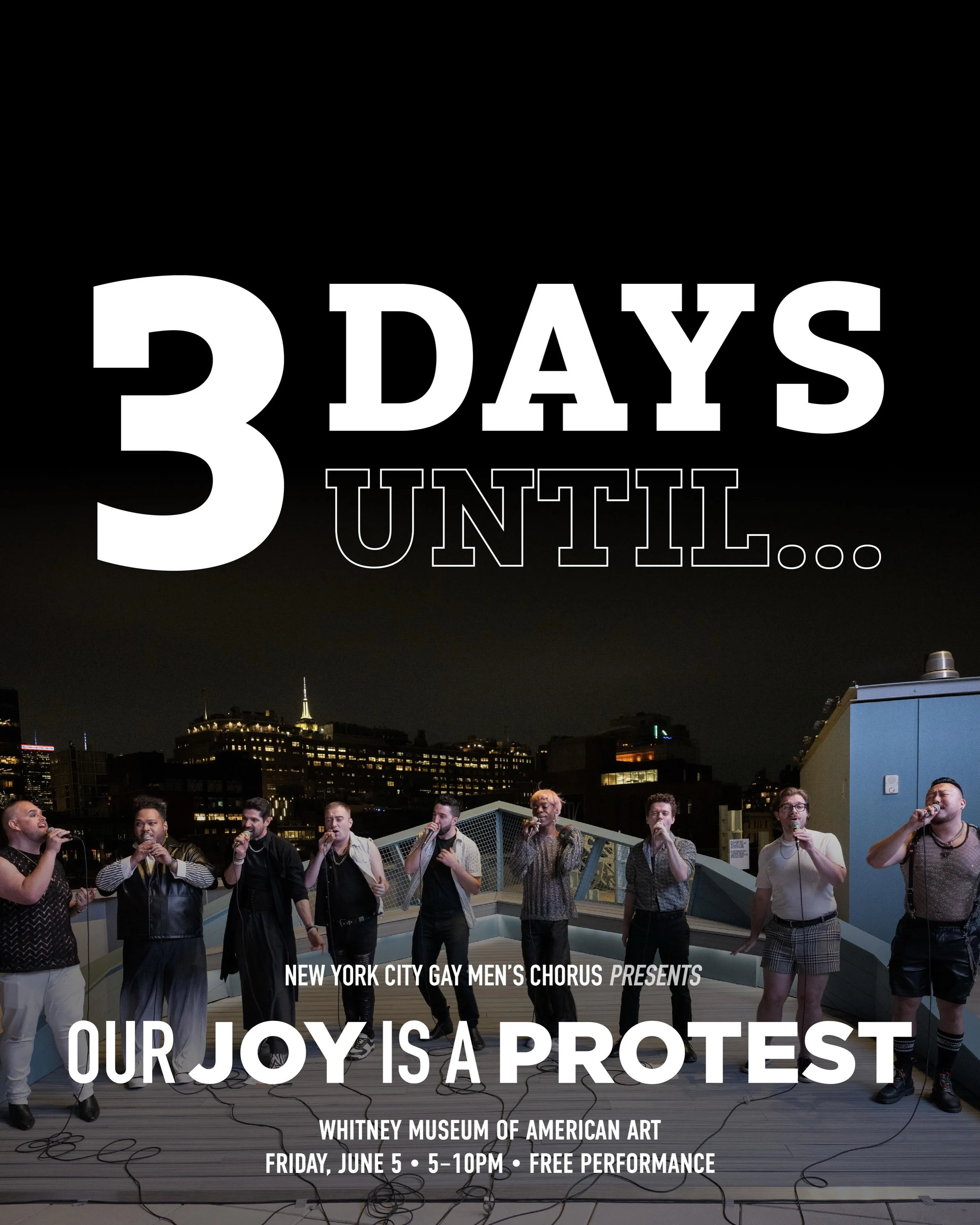 3 DAYS!

Our Joy is a Protest returns to the Whitney Museum. 

Featuring performances from:

@nycgmc @tonewallnyc @youthpridechorus @phlgmc @njgmc 

Friday, June 5

5&ndash;10 PM

Free Tickets Available NOW #linkinbio 

#OurJoyIsAProtest #NYCGMC #LGB