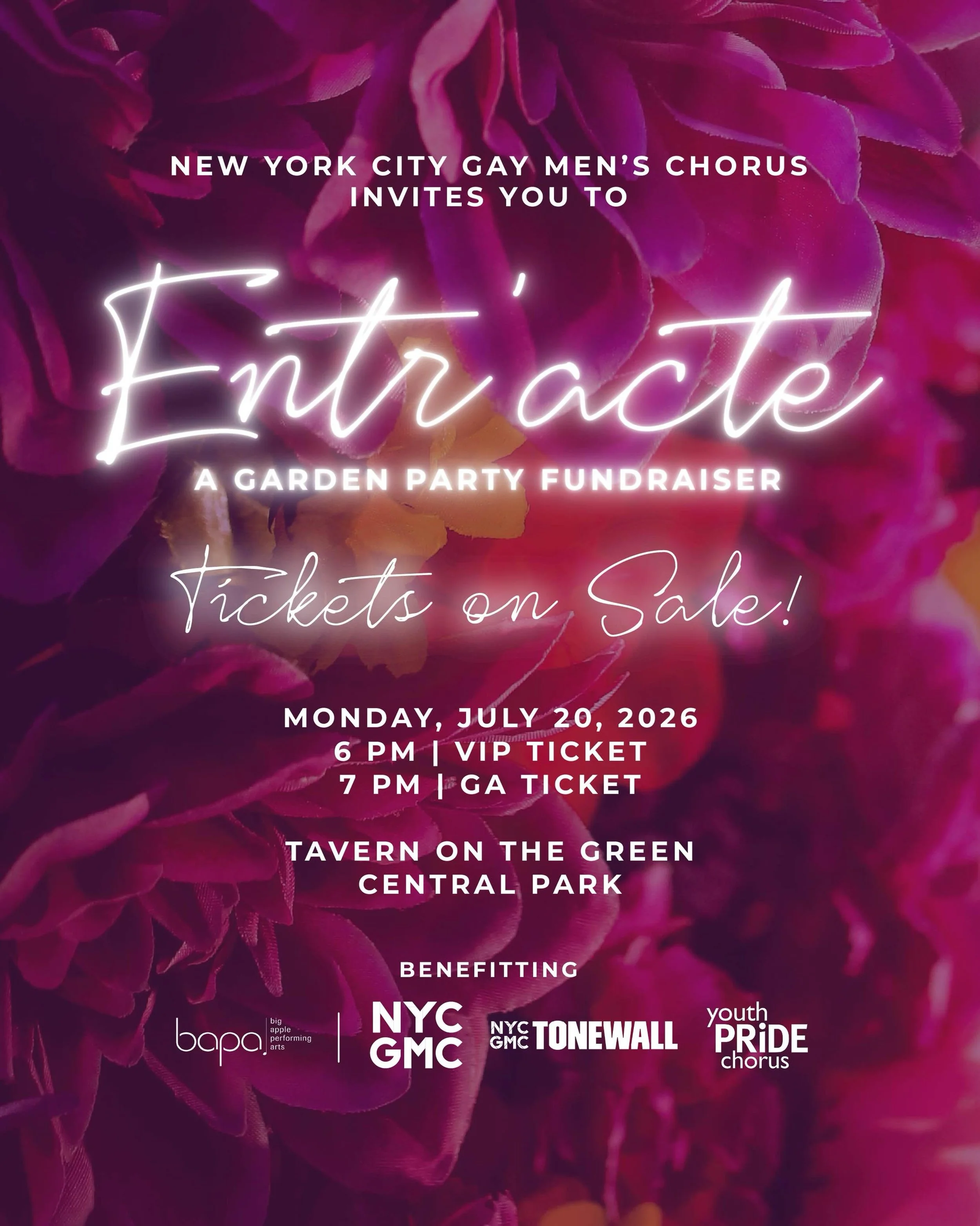 A summer evening in Central Park. ✨

Join us for Entr&rsquo;acte: A Summer Garden Party on Monday, July 20 at Tavern on the Green.

Enjoy cocktails, canap&eacute;s, live and silent auctions, and an unforgettable performance by NYCGMC&rsquo;s acclaime