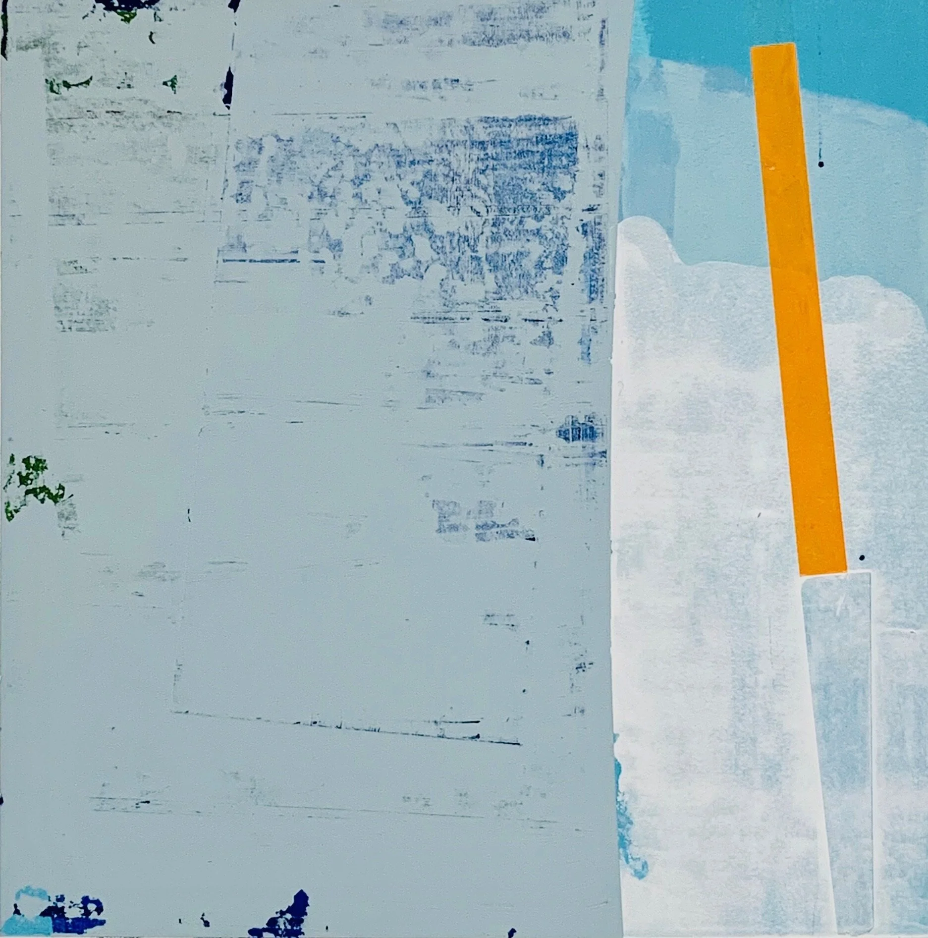 Abstract art with distressed white, blue, and light gray backgrounds, orange vertical rectangle, and some small green accents.