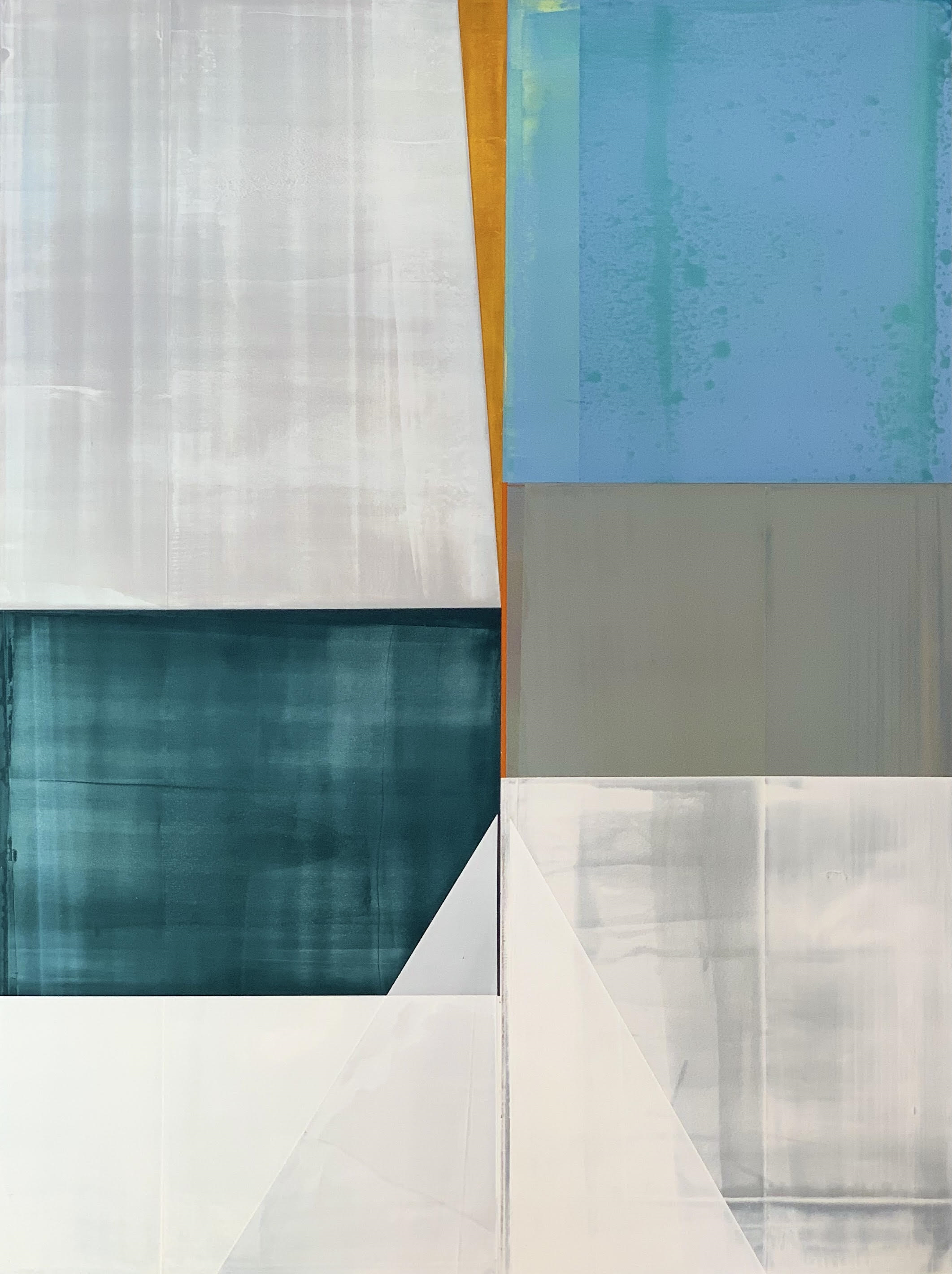 Abstract geometric artwork with various colored rectangular and triangular shapes, including white, gray, blue, teal, orange, and yellow.