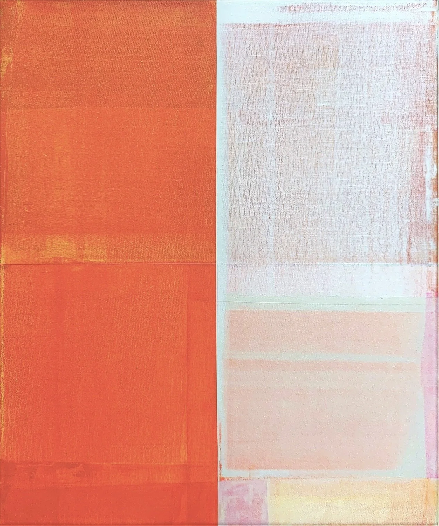 An abstract painting divided into sections with dominant orange and pastel colors.
