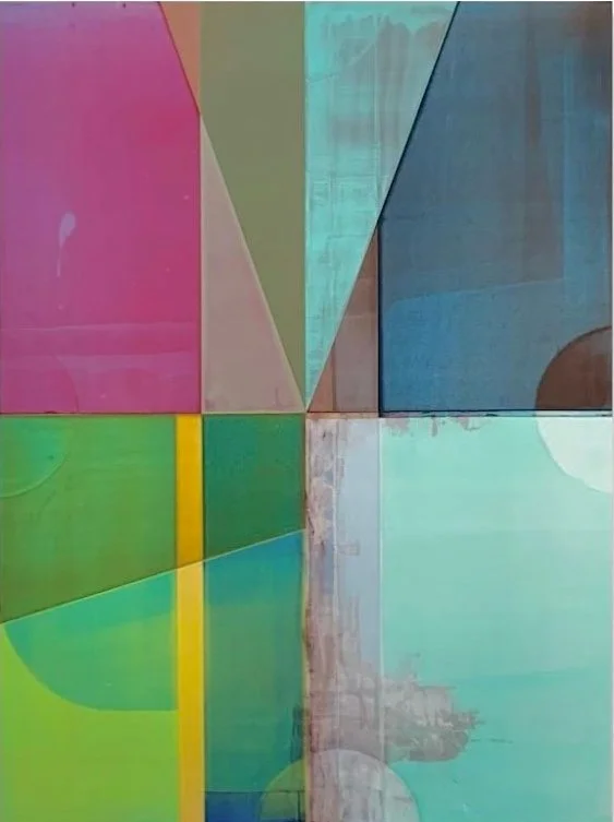 A colorful abstract mural painting with geometric shapes and vibrant colors, including pink, green, blue, yellow, and beige.