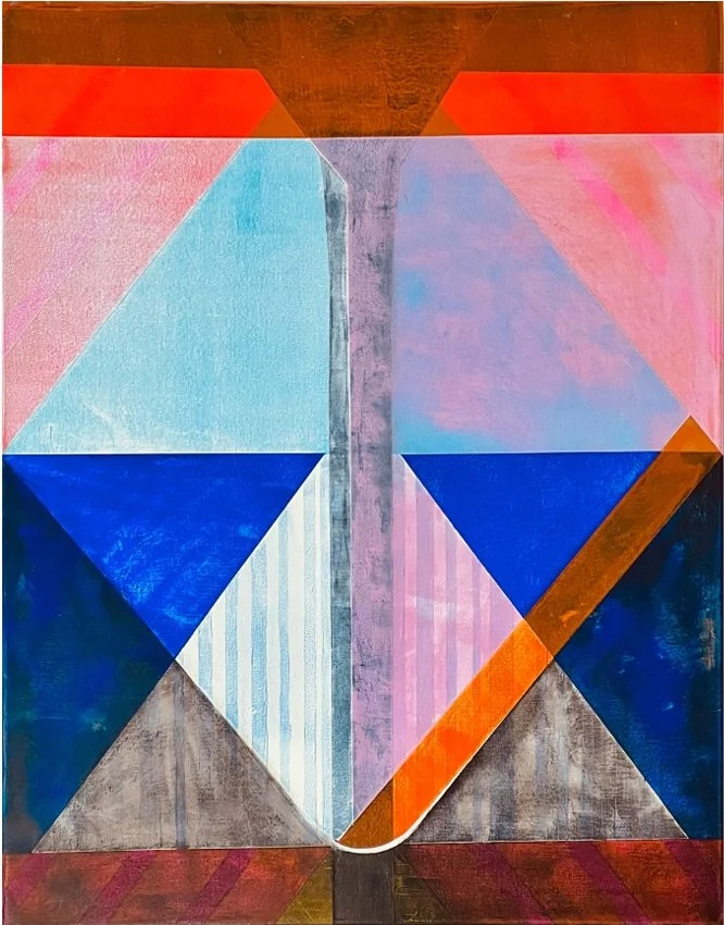 Abstract geometric painting with triangles and trapezoids in pink, blue, orange, gray, and brown colors. The design is rooted in Moroccan motifs.